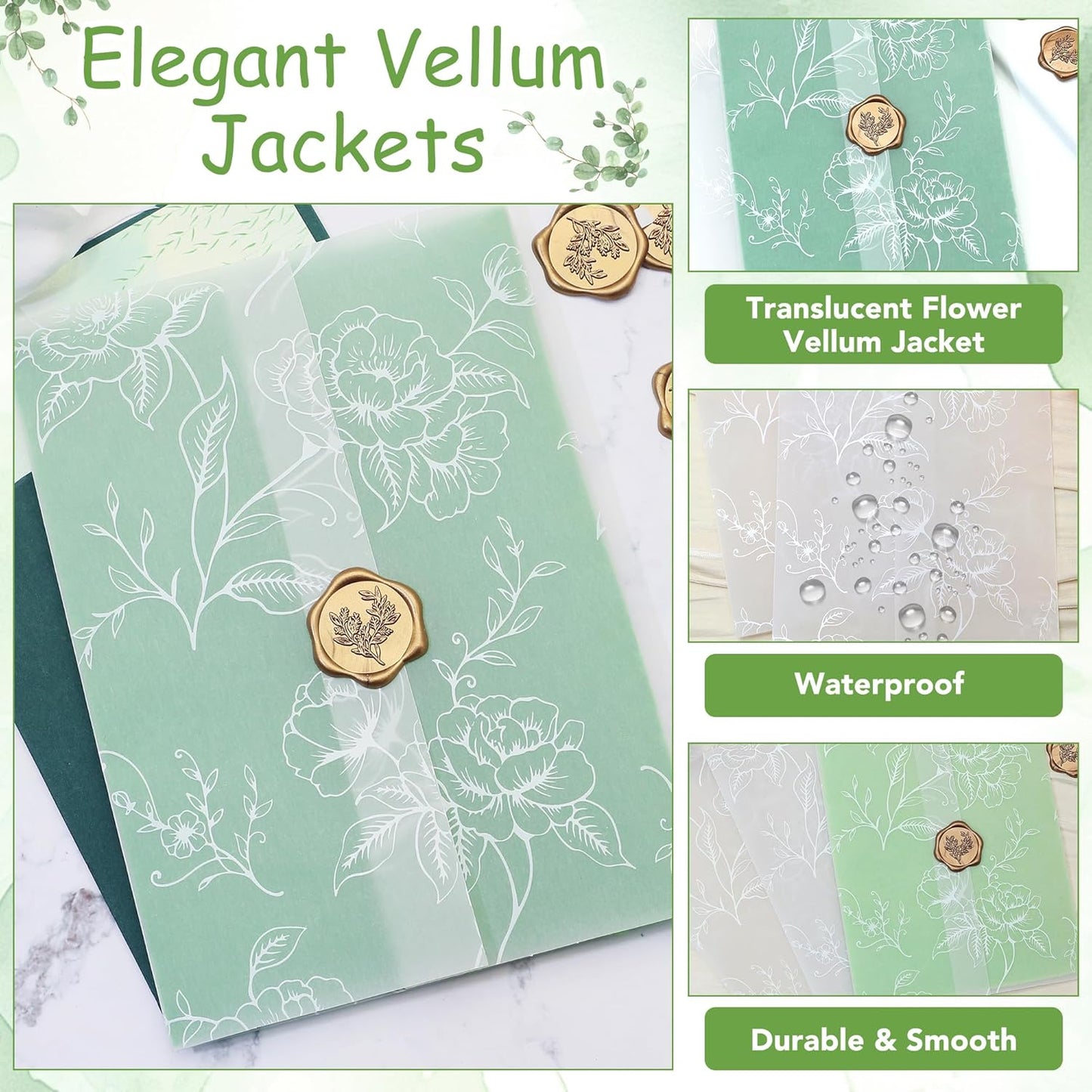 SWANGSA 100 Sets Wedding Invitations Wraps, Vellum Jackets for 5x7 Invitations & Self Adhesive Antique Gold Eucalyptus Wax Seal Stickers for Wedding Bridal Baby Shower Birthday Envelopes (White Rose)