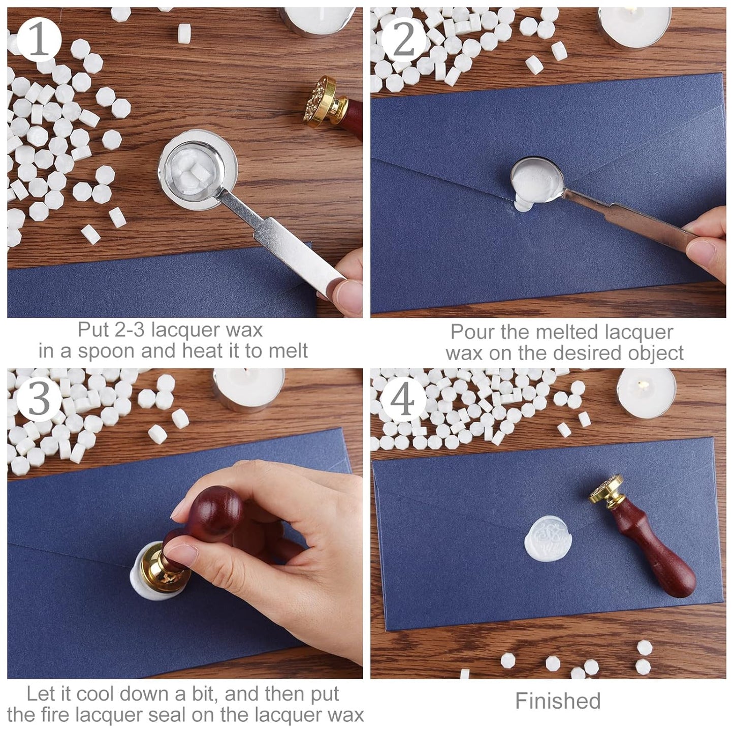 500 Pcs White Wax Seal Beads Set - Octagon Sealing Wax With 4 Tea Candles and 1 Melting Spoon for Crafts, Letters, Wine, Greeting Cards