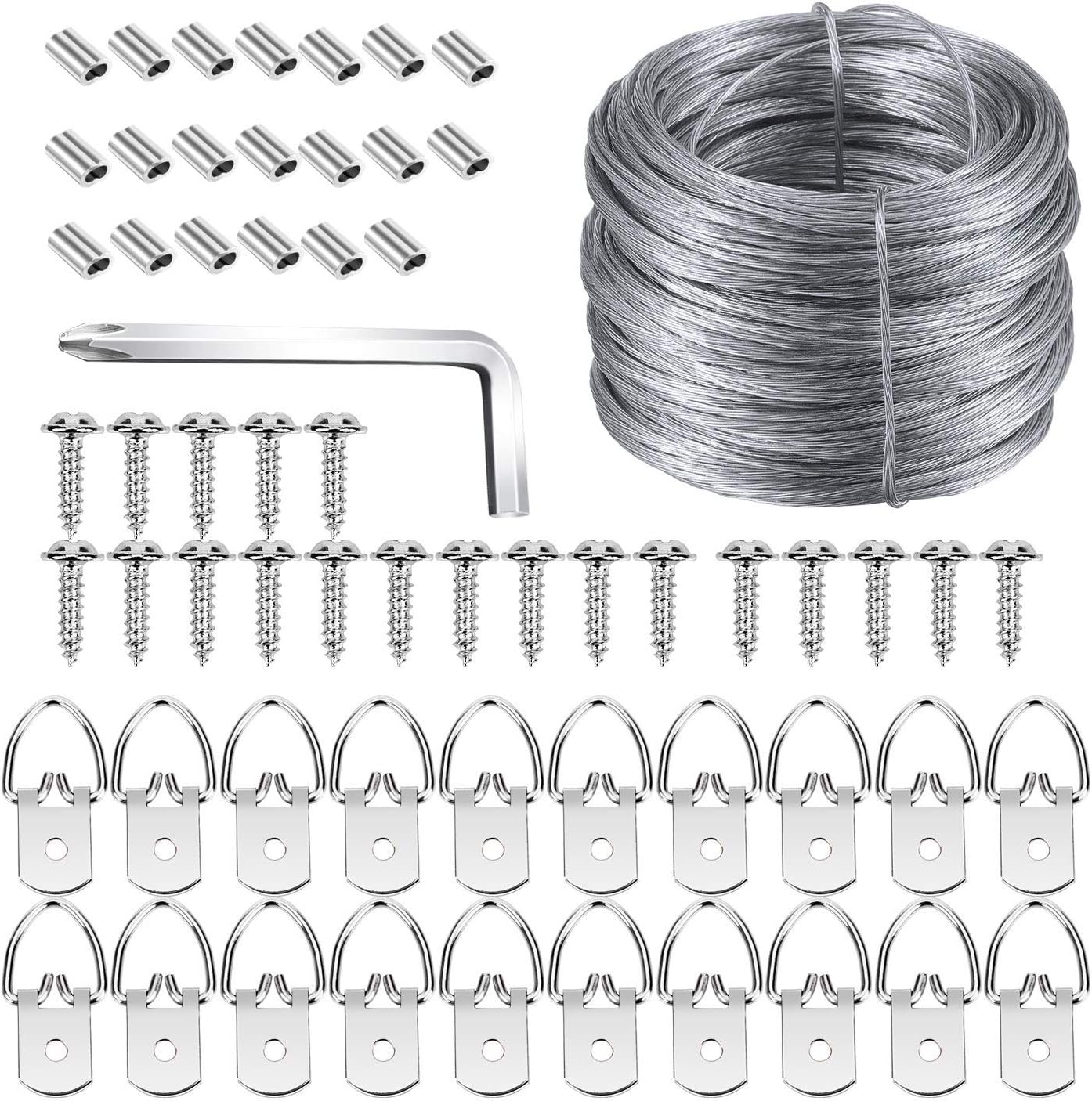 Picture Hanging Kit, Listenman D Ring Picture Hangers with Screws, Picture Hanging Wire(100 Feet) and Aluminum Sleeves, Supports up to 30 lb, Included Screwdriver