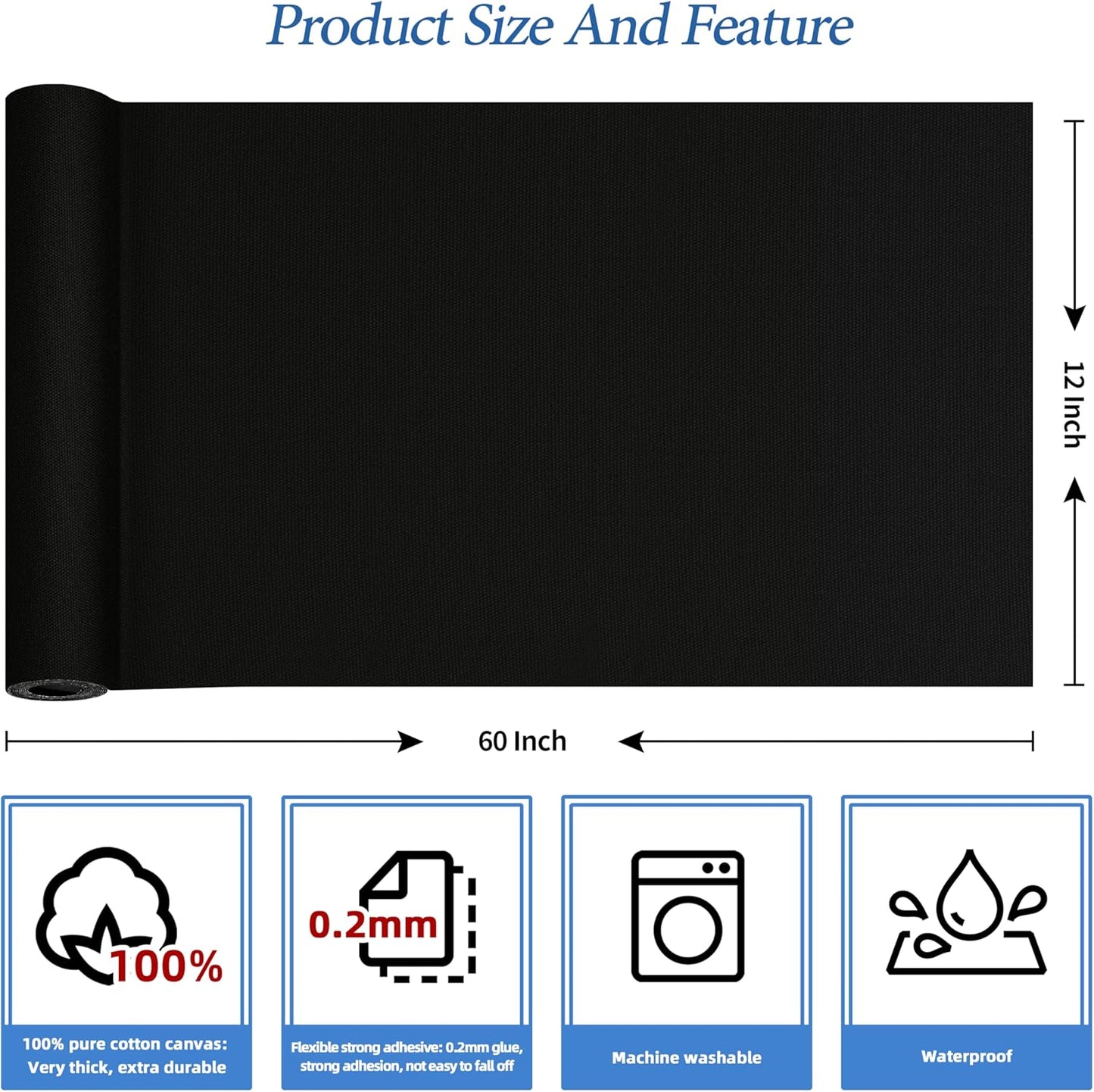 KING MOUNTAIN Canvas Iron on Patch,12"×60",Waterproof 100% Cotton Fabric Repair Patch,Used for Various Sofa,Tent,Clothes,Seats,Suitcases (Black,Waterproof)