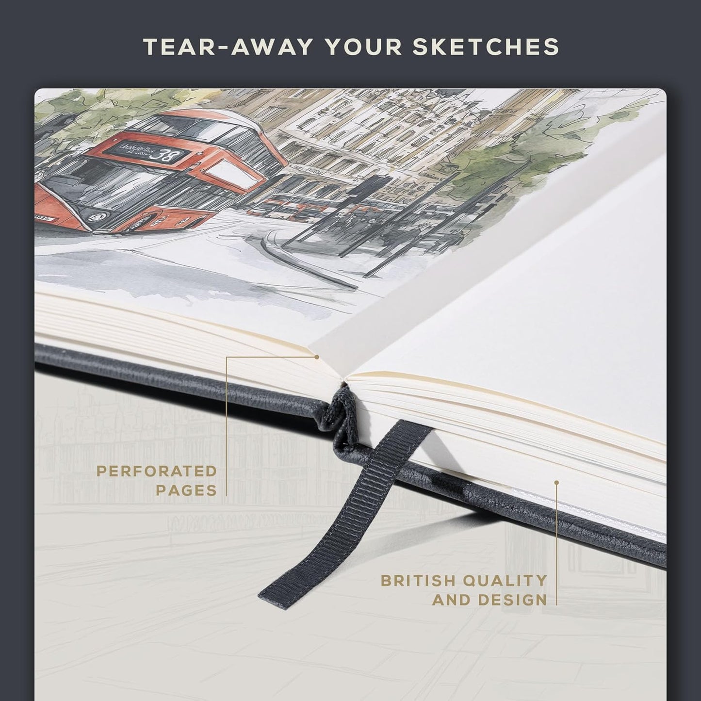 Beechmore Books Square Sketchbook – 8x8 Premium Vegan Leather Bound Large Sketch Book Hardcover with 156 Thick 160gsm Perforated Ivory Pages, Blank Sketch Pad, Gift Boxed Back Pocket, Ribbon Bookmark