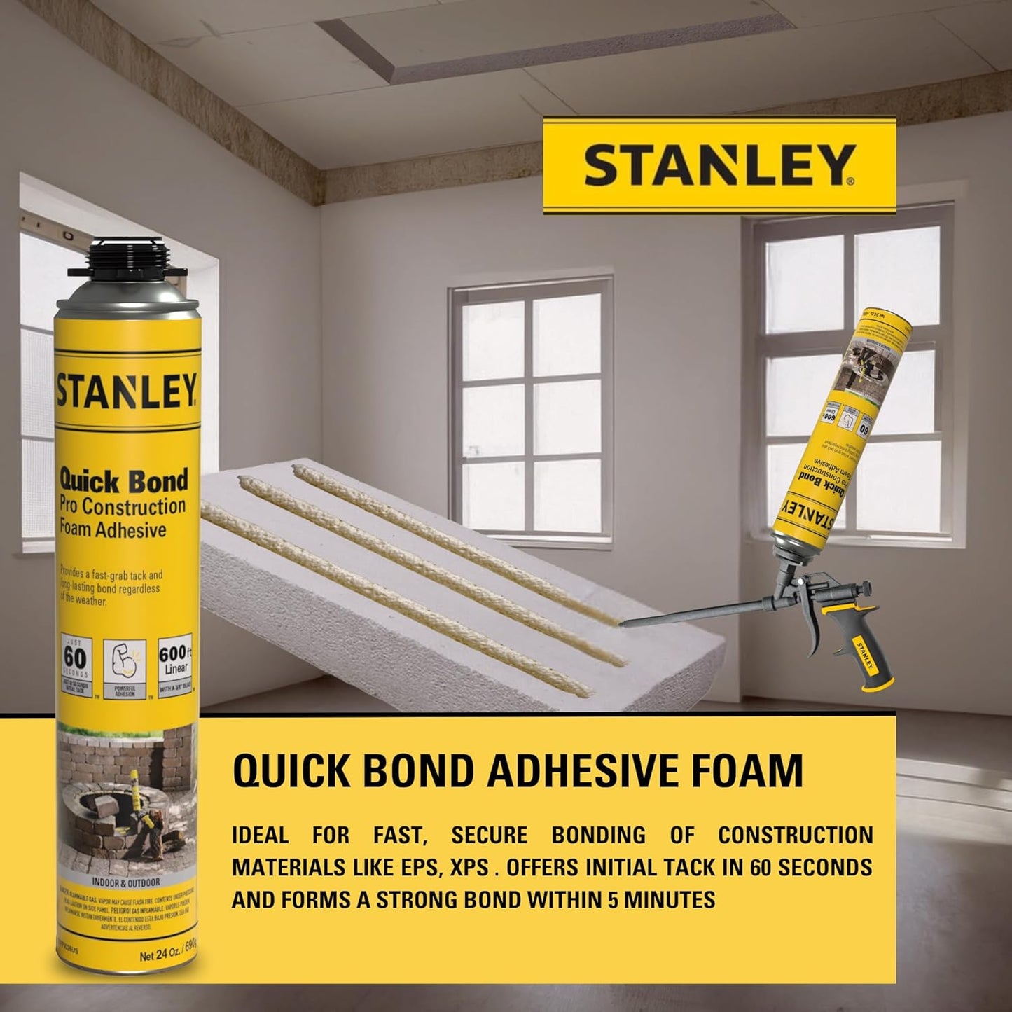 Stanley Quick Bond Adhesive Foam - 12x24oz, Reliable Bond Adhesive for Various Materials, Strong bonding, No Mixing, Gun Use, Including Gun, 2 Cleaners | 12 Pack