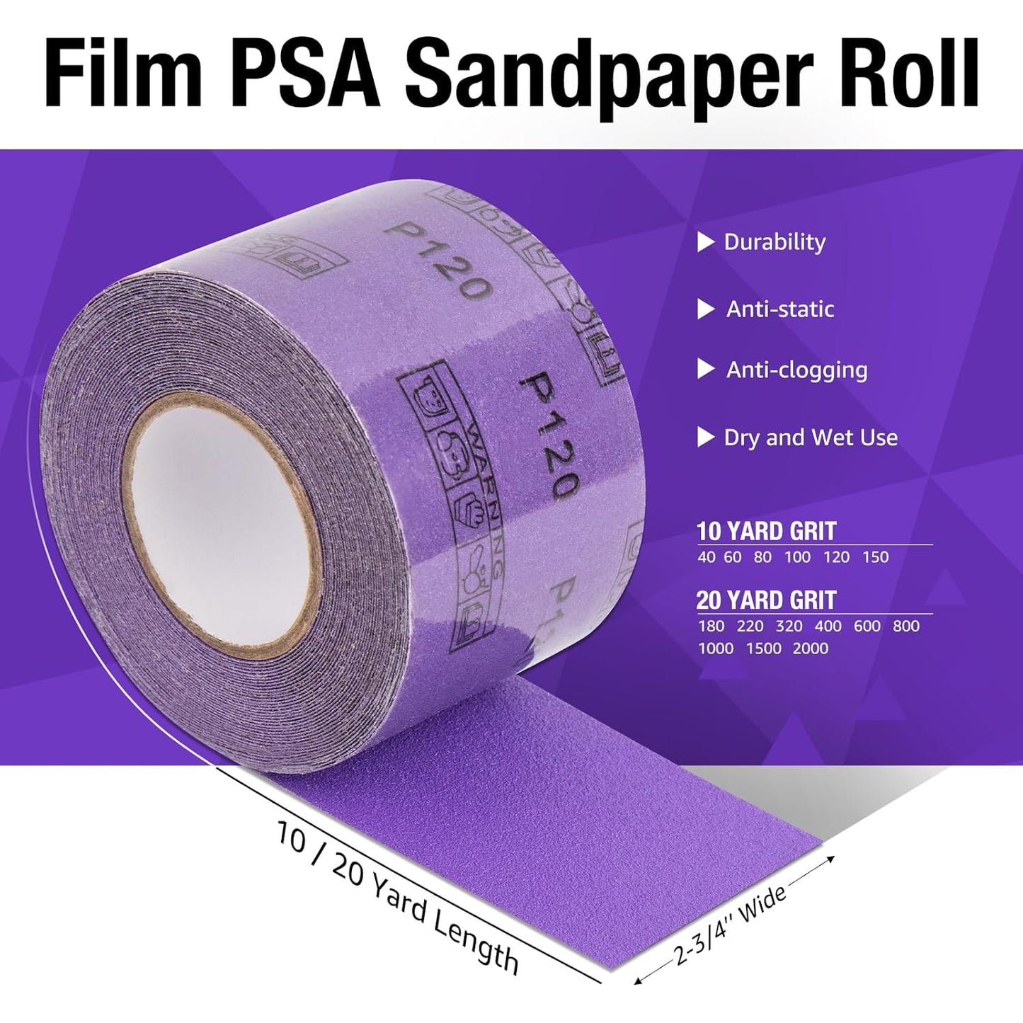 40 Grit PSA Purple Film Ceramic Sandpaper Roll, 2-3/4" Wide Continuous 10 Yard Longboard Sanding Roll Wet Dry Sanding Blocks Self Adhesive Sticky Back Sanding Sheets for Woodworking Automotive