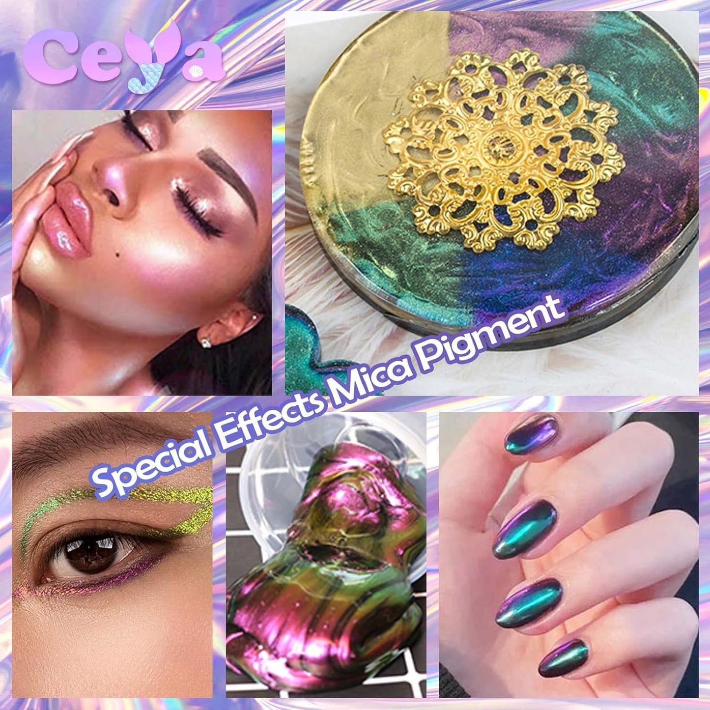 Ceya Chameleon Mica Powder, 1.8oz/ 50g Aurora Chrome Nail Powder, Cosmetic Grade Pearlescent Effect Color Shift Pigment for Epoxy Resin, Makeup, Nail Polish, Soap Dye, Candle Making, Craft,Slime,Paint