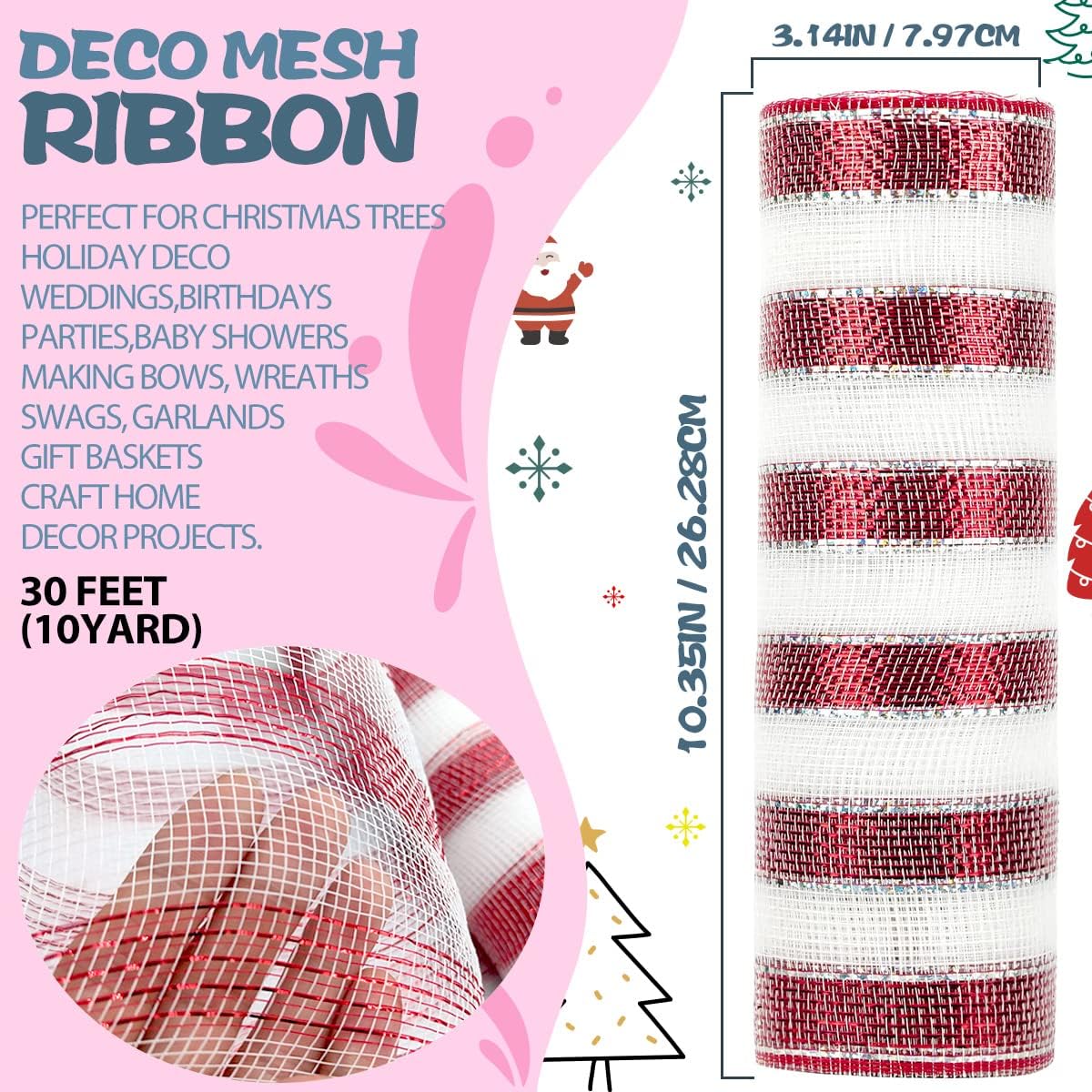 Anivia Deco Mesh Ribbon, 10inch x 30 Feet Each Roll Metallic Foil Mesh Ribbon for Wreaths Swags, Holloween, and Christmas Tree Decoration (Red&White)