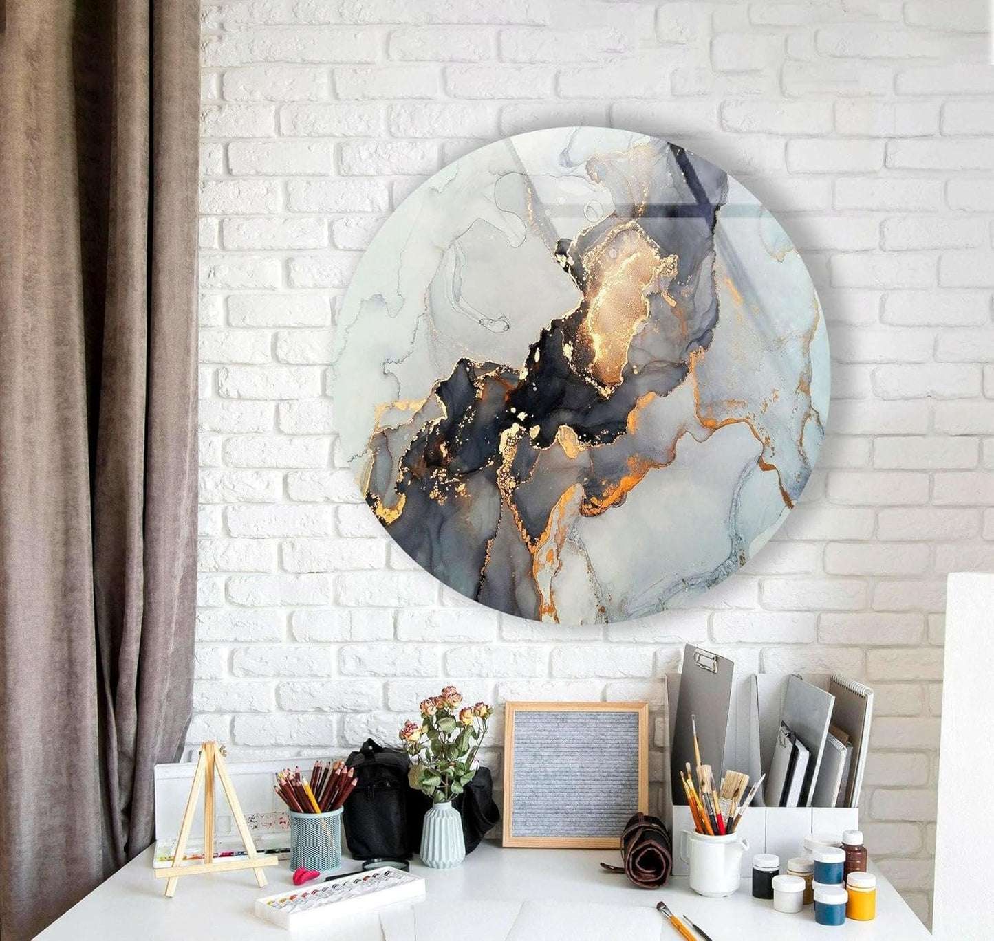My Photostation.com 24''(60cm) Diameter Gold Details Gray Marble Round Glass Wall Art Tempered Glass Printing Wall Decor Large Wall Art Wall Hangings