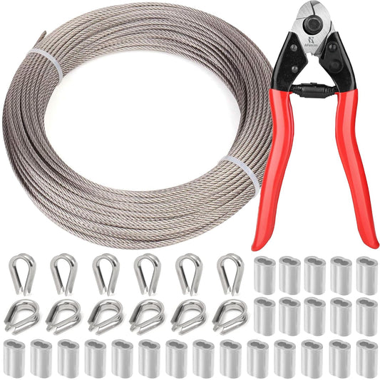 1/8 Inch Stainless Steel Cable 100FT - 7x7 Strand Aircraft Wire Rope with Loop Sleeve & Thimble - Heavy Duty for Deck Railing, String Light Hanging, Garden, Marine, DIY Projects