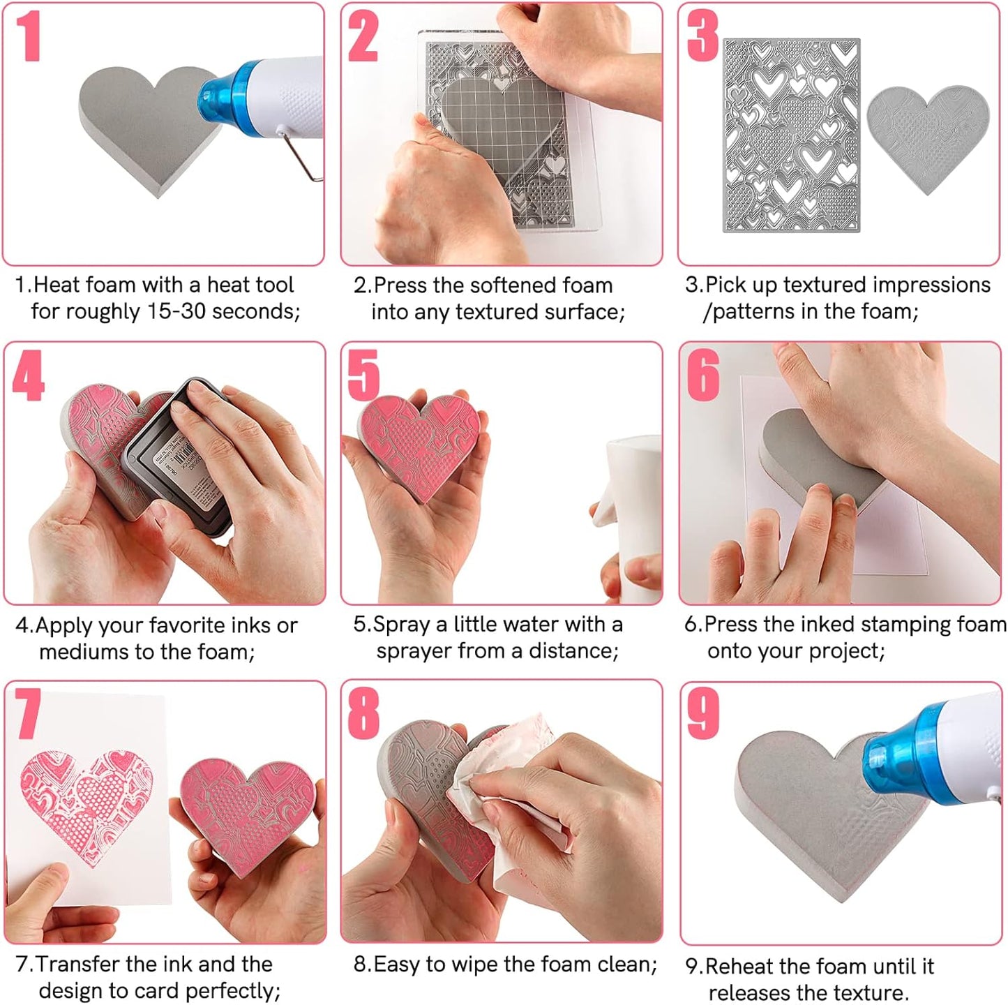 BAOFALI 4 Pcs Heart Cut Stamping Foam Grey Moldable Foam Stamps Plastic Dry Foam Stamp Pad Cut and Dry Foam Stamping Foam Block for Sculpture, Modeling, DIY Arts and Handicrafts Projects