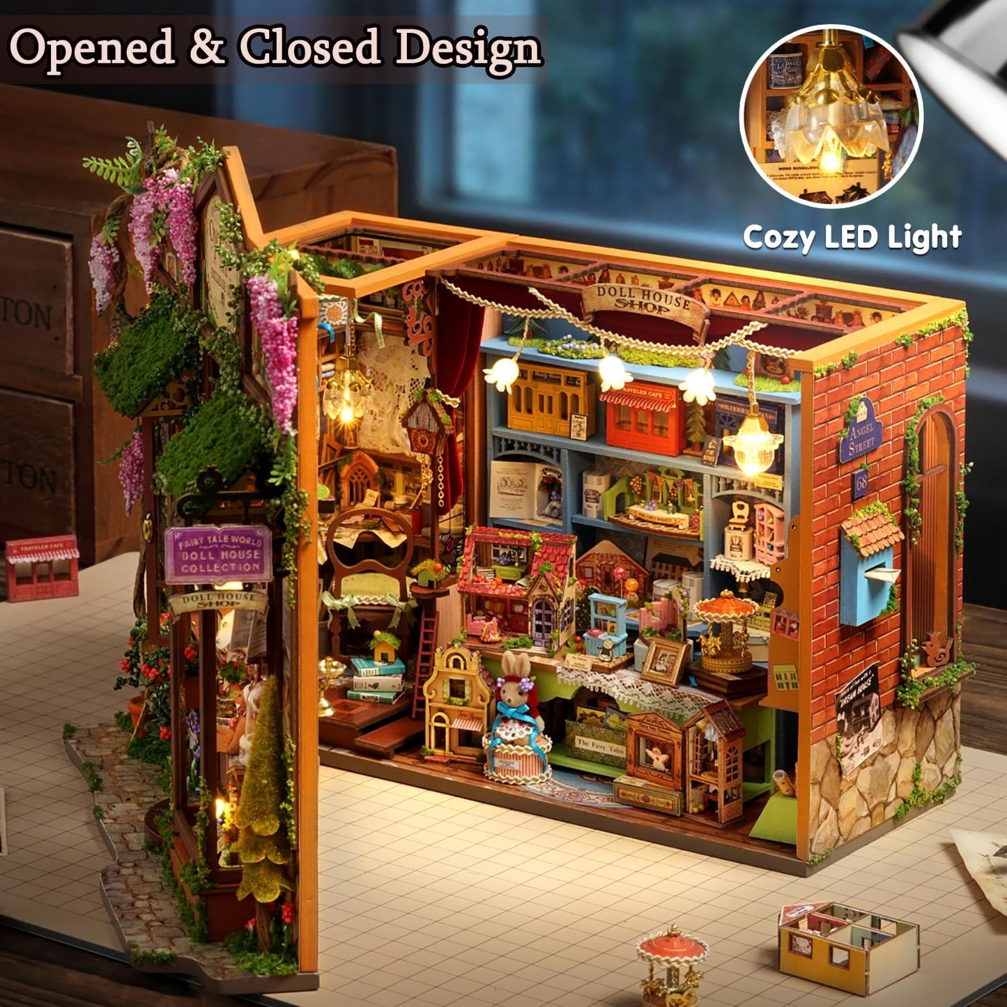 TuKIIE DIY Miniature House Kit with Furniture, 1:24 Scale Creative Room Opened & Closed Wooden Dollhouse Book Nook Plus Dust Proof for Kids Teens Adults(Dollhouse Shop)