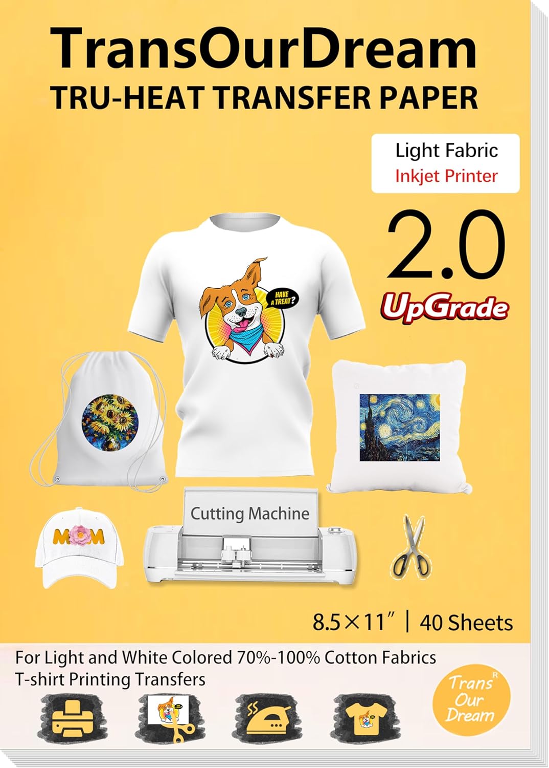 TransOurDream Upgraded Iron on Heat Transfer Paper for T Shirts (40 Sheets, 8.5x11") Iron on Transfers for Light Fabric Printable Heat Transfer Vinyl for Inkjet Printer (L2-40)