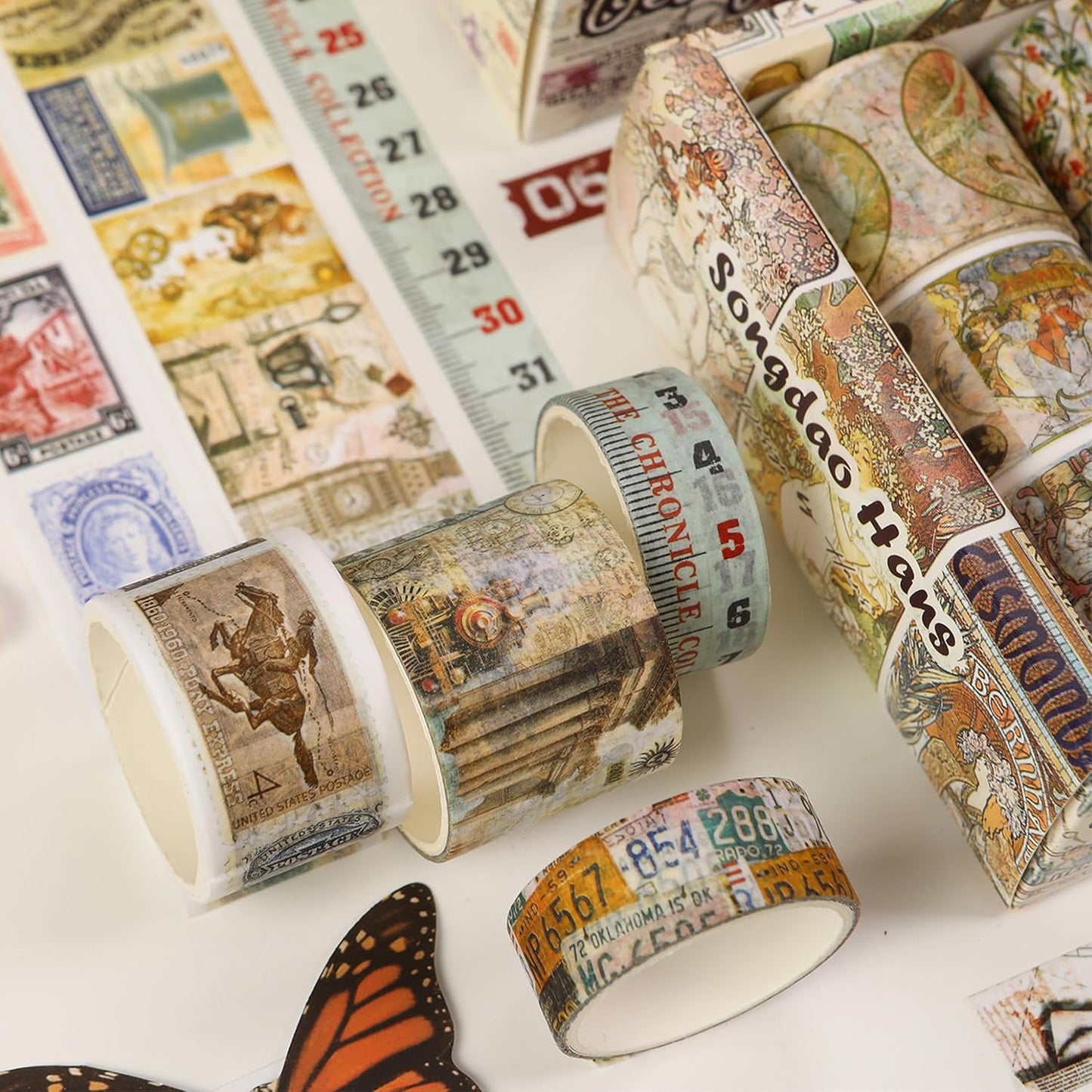 Vintage Washi Tape Set - 24 Rolls Arts Adhesive Tapes Assorted Retro Decorative Masking Tape Sets for Craft, Kids, Scrapbook, DIY, Gift Wrapping (2-Vintage Journey)