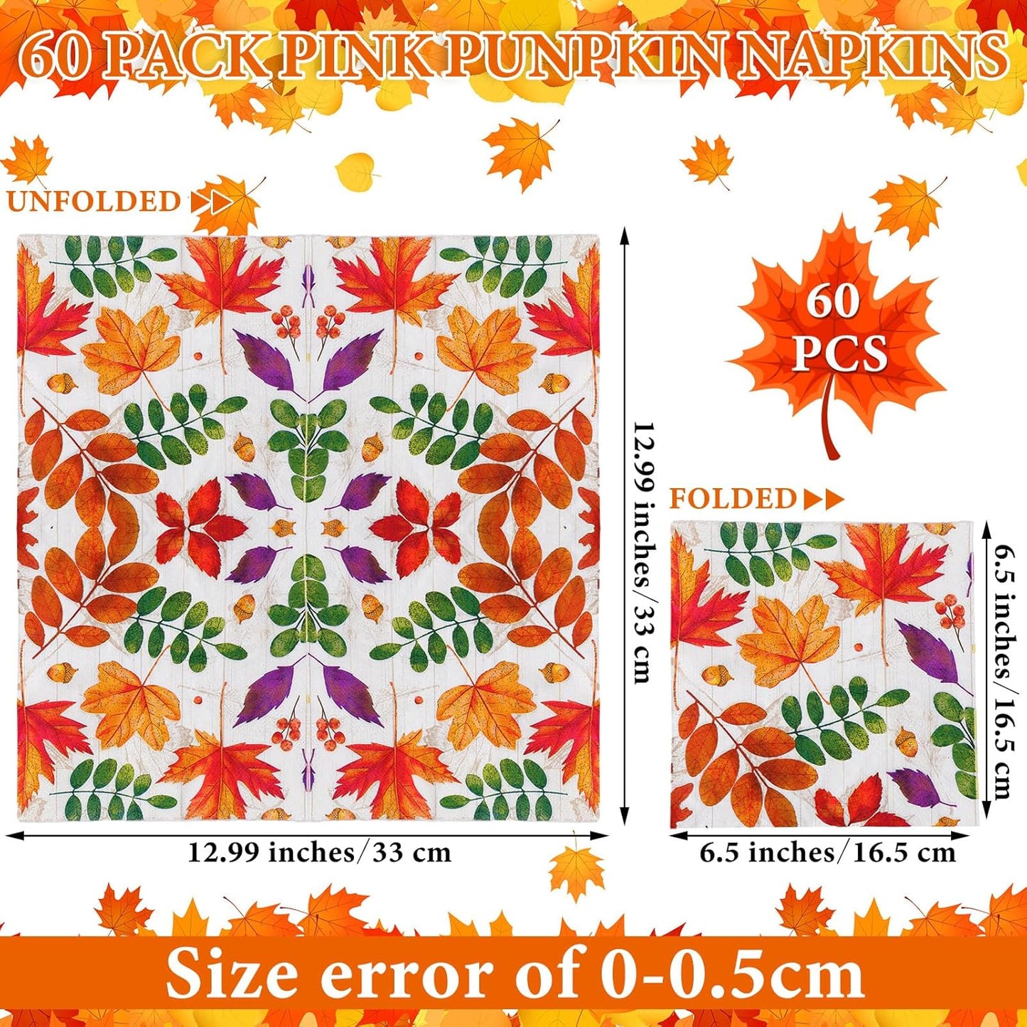 60 Pcs Fall Leaves Cocktail Paper Napkins 6.5 x 6.5 Inches Disposable Paper Napkins Dessert Beverage Napkin for Decoupage Luncheon Napkin for Party Wedding Birthday Party
