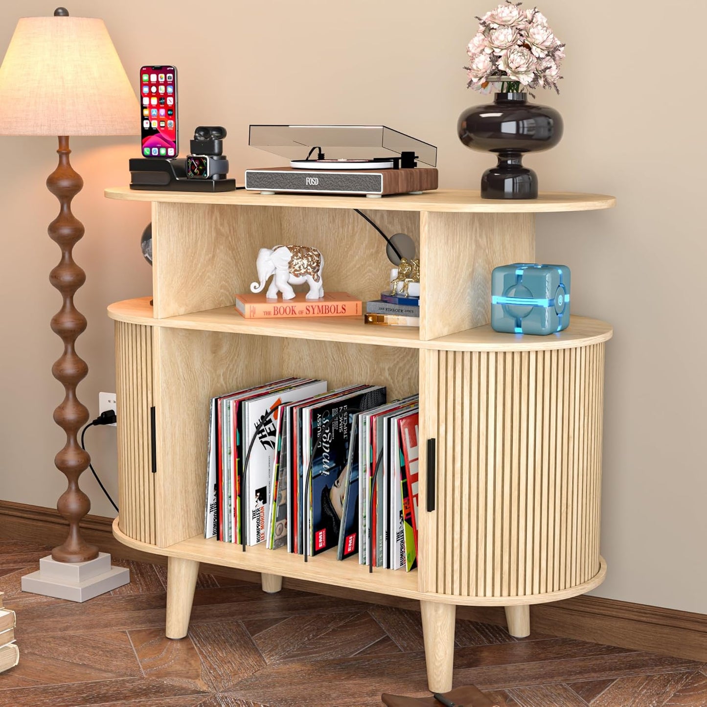 Large Round Record Player Stand with Charging Station & USB Ports，Record Storage Cabinet, Mid Century Modern Turntable Stand for Bedroom Living Room (Small Oak)