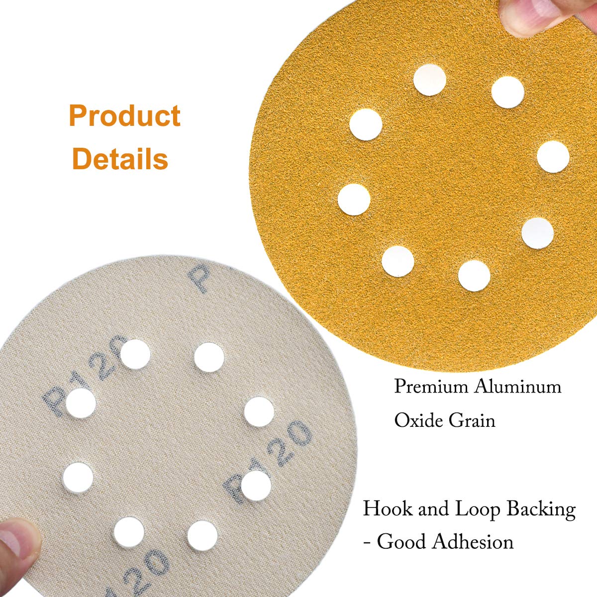 5-Inch 8-Hole Hook and Loop Sanding Discs 120-Grit Random Orbit Sandpaper, 100-Pack