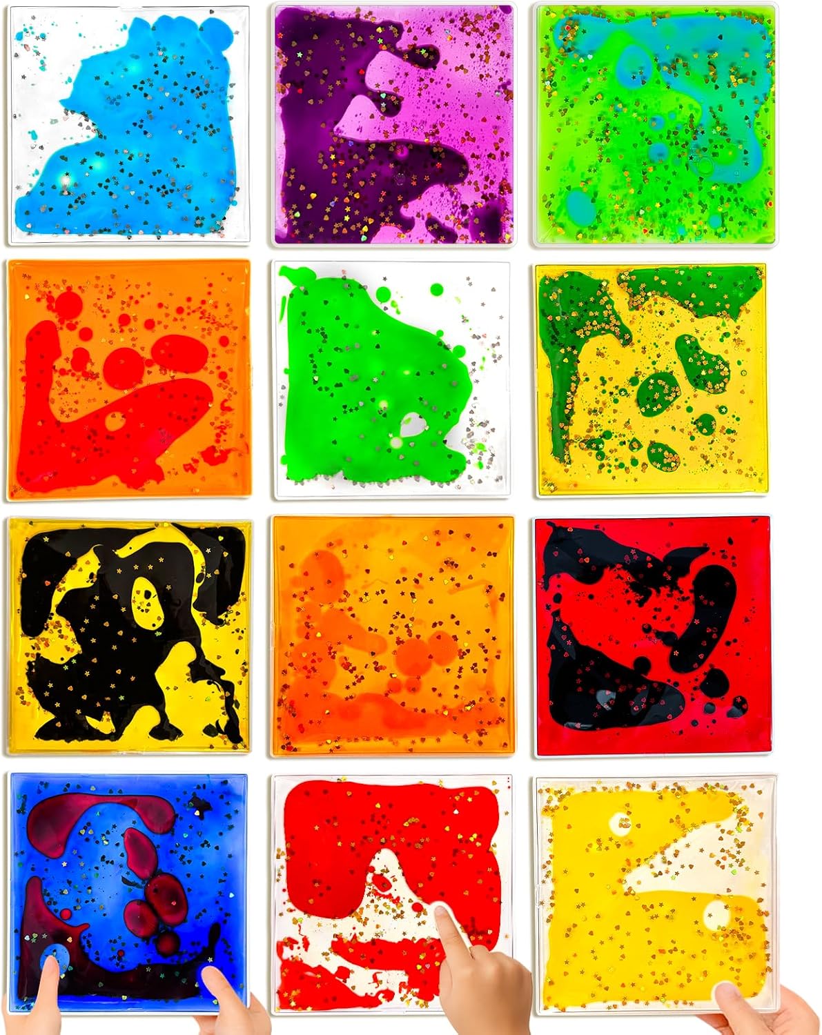 Squishy Liquid Sensory Tiles for Kids Ages 3+ – 6" Colorful Tactile Play Pads for Squeezing, Visual Tracking, Desk, Calm Corner, Classroom or Quiet Play (12-Pack)