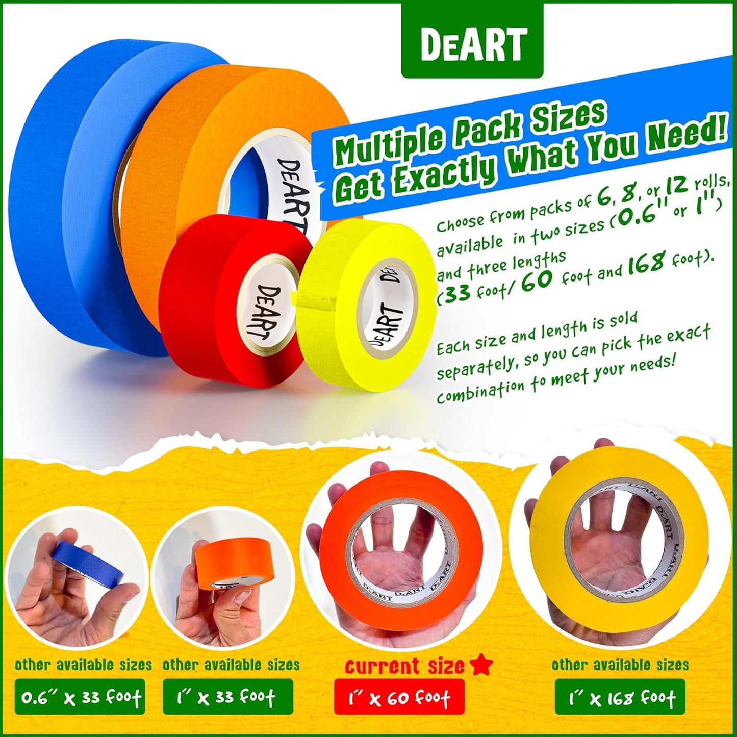 DEART 6Pcs Colored Masking Tape, Extra Long 1008 Feet or 360 Feet x 1 Inch Painters Tape, Color Painter Tape for Arts & Crafts Labeling or Coding, Kids Art Supplies (2.5cm X 18m (1In X 20Yards))