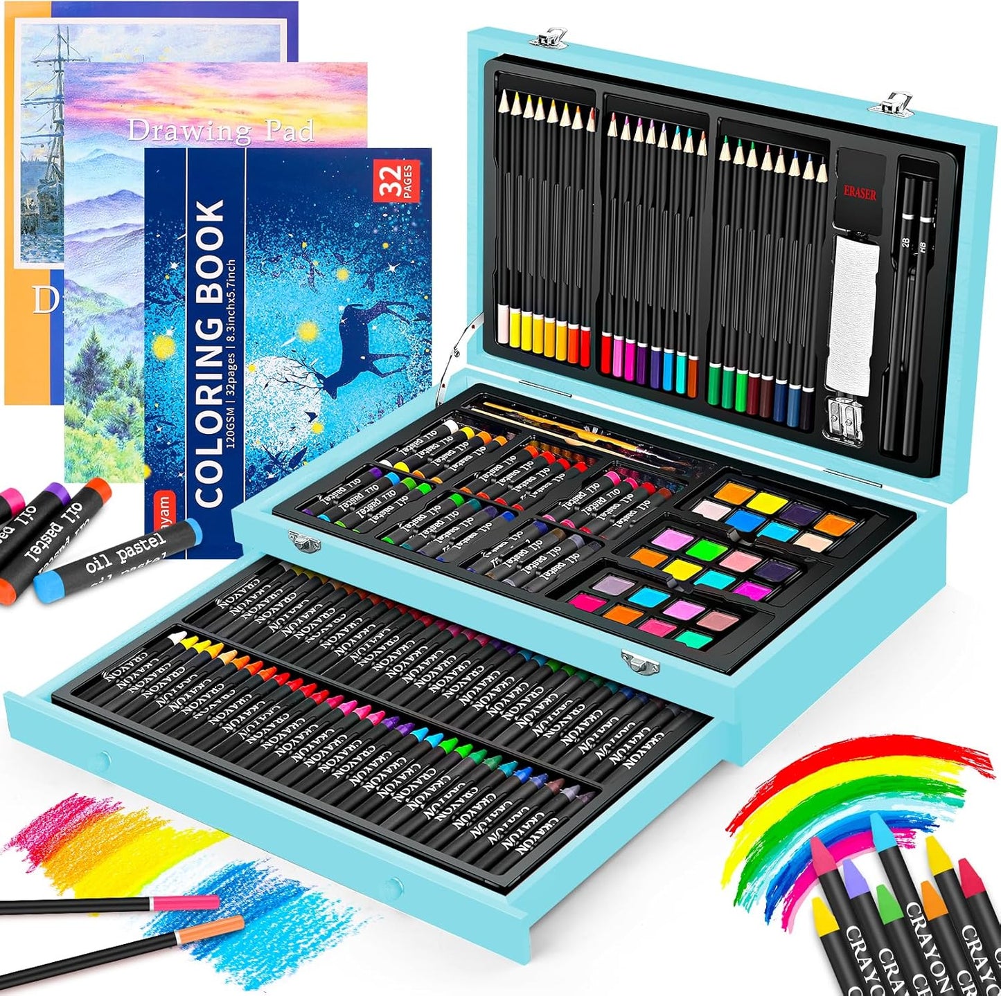 iBayam Arts and Crafts Gifts for Kids 6-14 Year Teens Boys Girls Christmas Gifts, 150-Pack Art Set Kits with 2 Sketch Pads, Coloring Book, 24 Colored Pencils, 24 Oil Pastels, 24 Watercolor, 60 Crayons