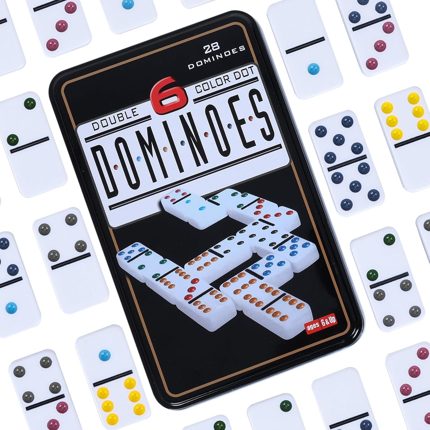 GOTHINK Double 6 Dominos Set for Adults with Tin Box Storage - 28 Tile Colorful Dot Dominoes Games Set for Family Night Gift Travel Game - Classic Party Board Game Ideal for 2-4 Players