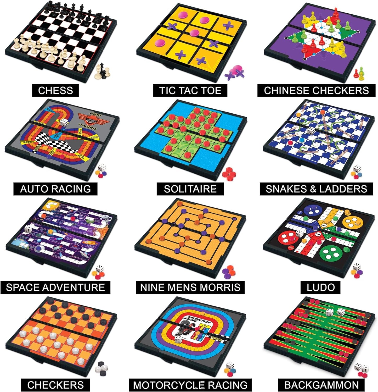 Gamie Magnetic Board Travel Games for Kids, Set Includes 12 Retro Fun Games - 5" Compact Design - Individually Boxed - Teaches Strategy & Focus, Great for Road Trip/Travel/Camping, Gift for Ages 6+