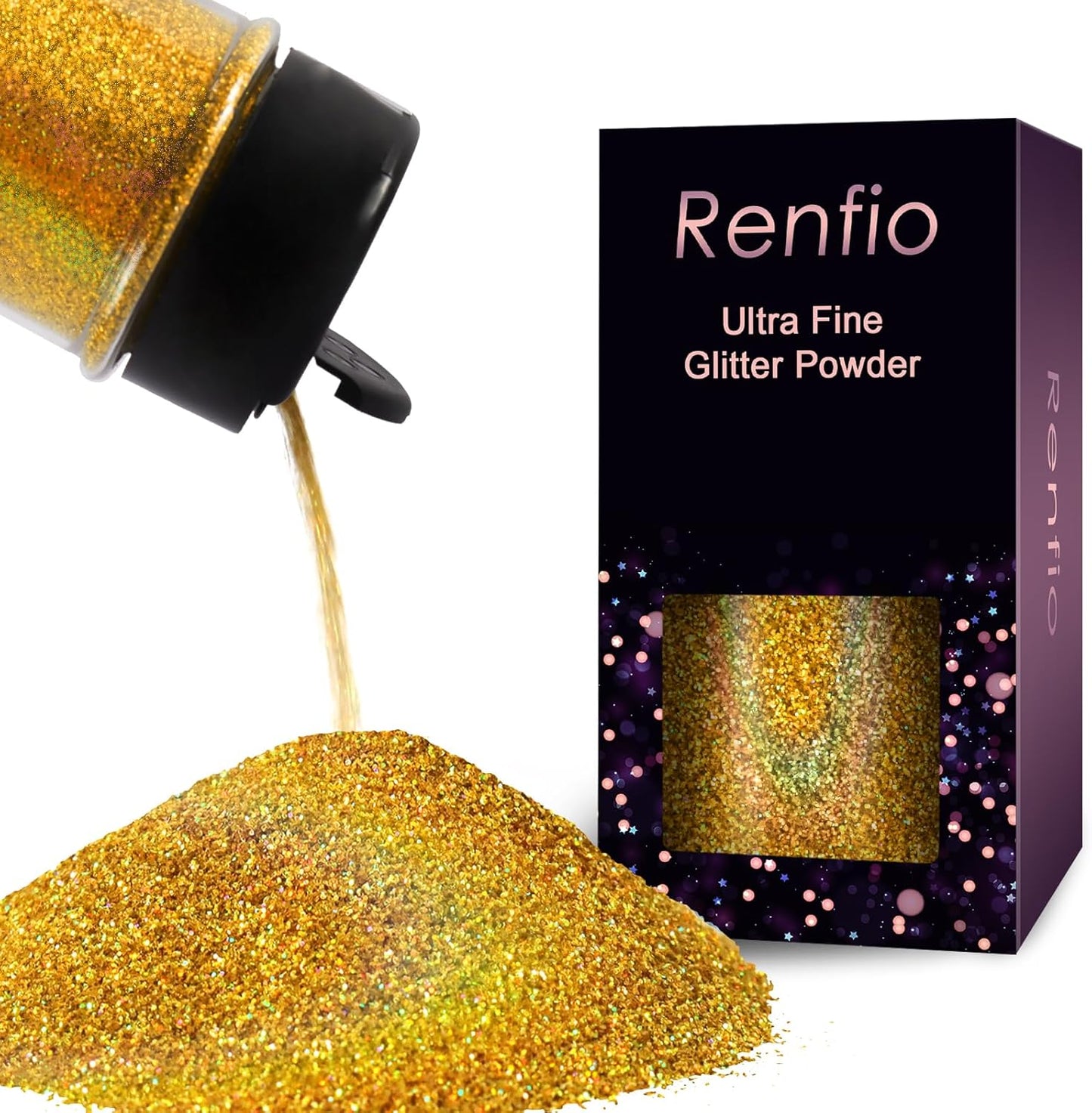 Renfio Holographic Ultra Fine Glitter Powder Metallic Resin Glitter 2.11 Oz (60g) PET Flakes Crafts Sequins 1/128" 0.008" 0.2mm Epoxy Chips Flakes for Tumblers Slime - Laser Gold