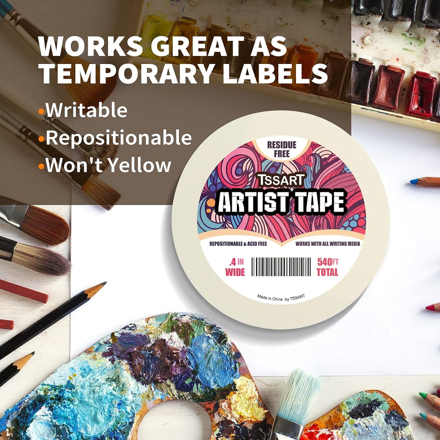 3 Pack White Artist Tape - Masking Artists Tape for Drafting Art Watercolor Painting Canvas Framing - Acid Free 0.4 Inch Wide 180FT Long