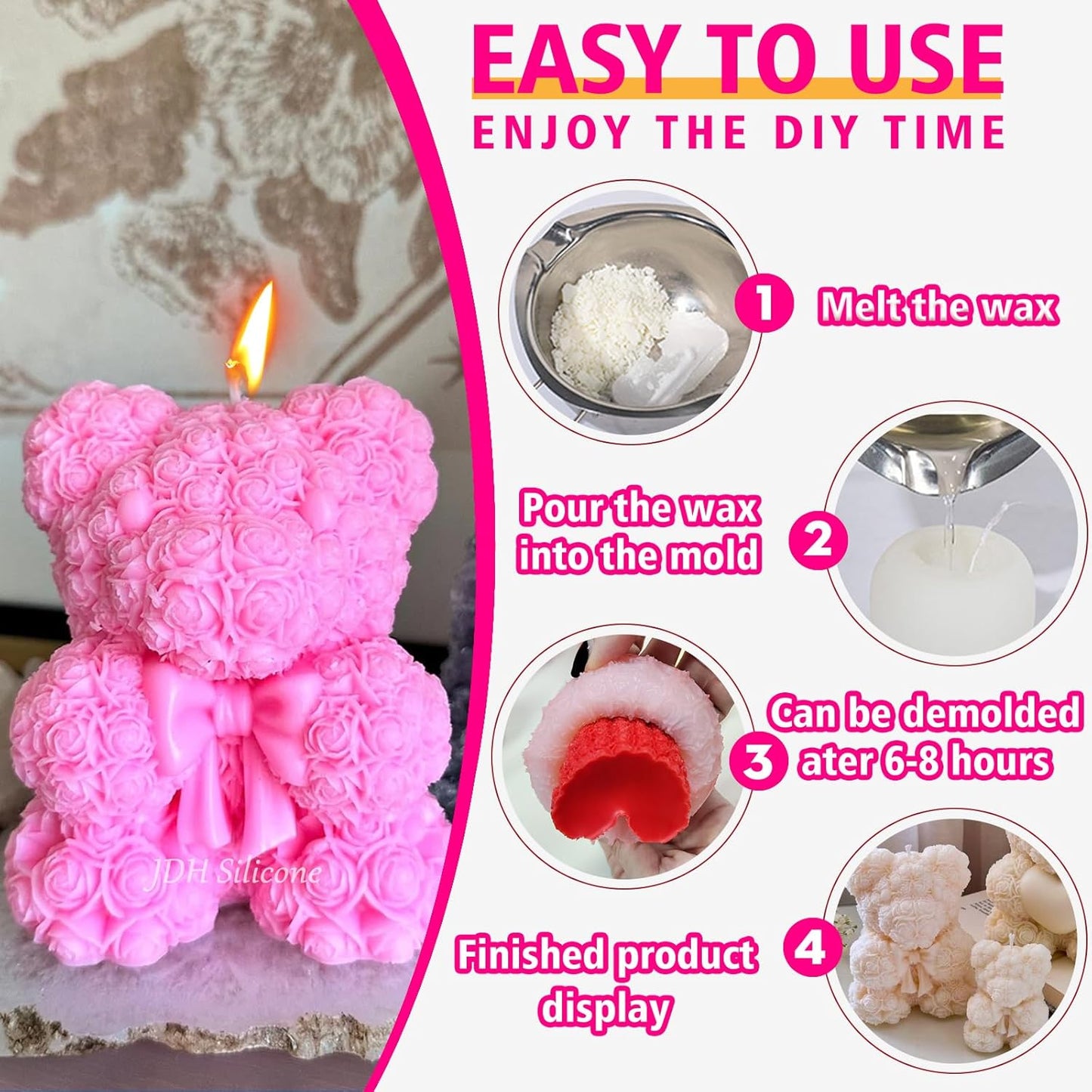 3D Bowtie Rose Bear Candle Mold - Teddy Bear Silicone Mold for DIY Handmade Soaps, Epoxy Resin Crafts, Father's Day Gifts, Birthday Gifts, Valentine's Day Gifts & Home Decorations