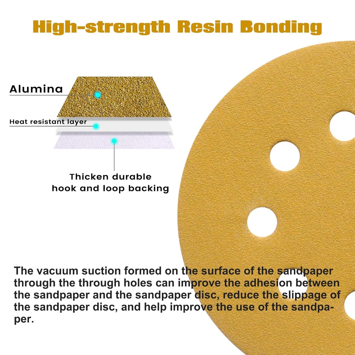 100PCS 5 Inch 8 Hole Sanding Discs 60 Grit,Gold Round Hook and Loop Sandpaper for Random Orbital Sander