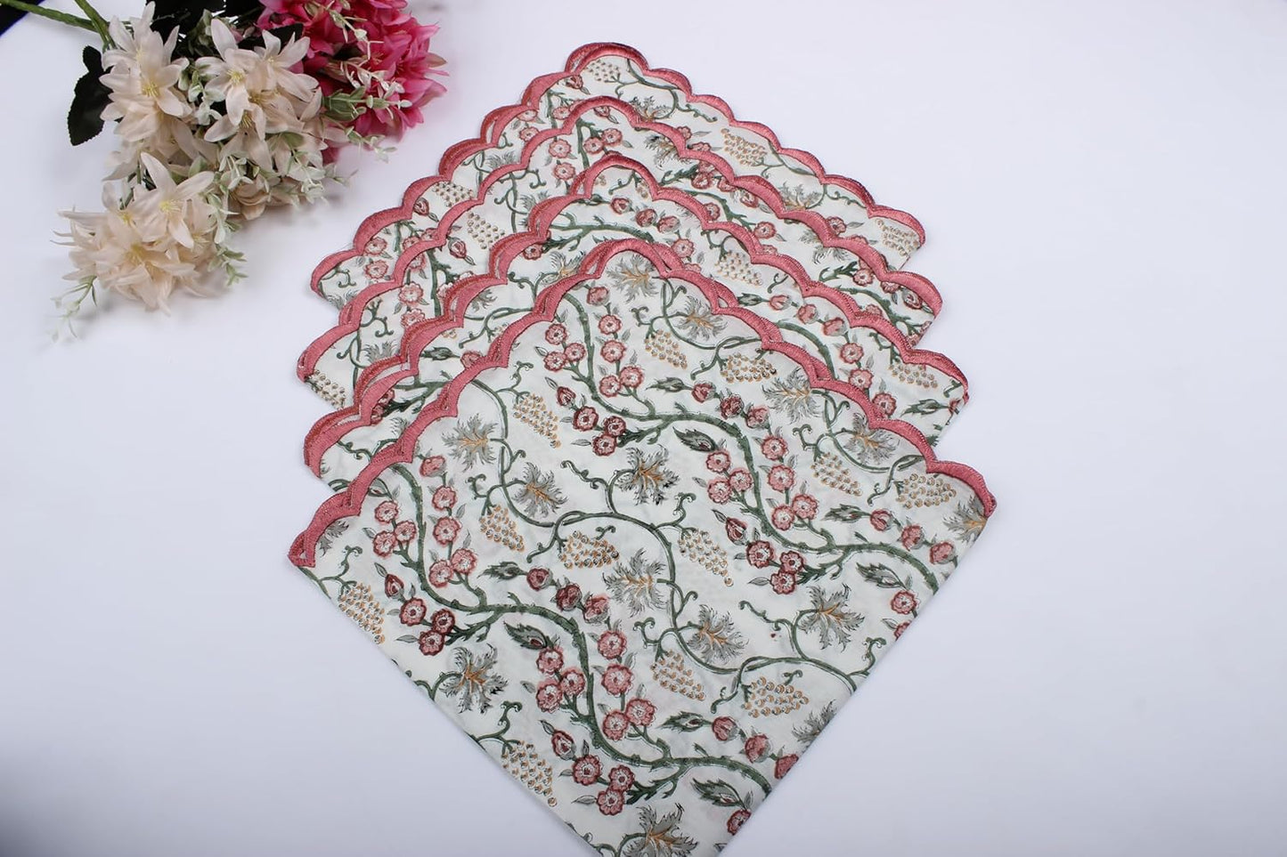 Ridhi Coral Pink Hand Block Print Napkins 18" x 18" Set of 4 Reusable Cotton Dinner Napkins for Weddings, Parties & Everyday Dining, Thanksgiving, Christmas, Fall