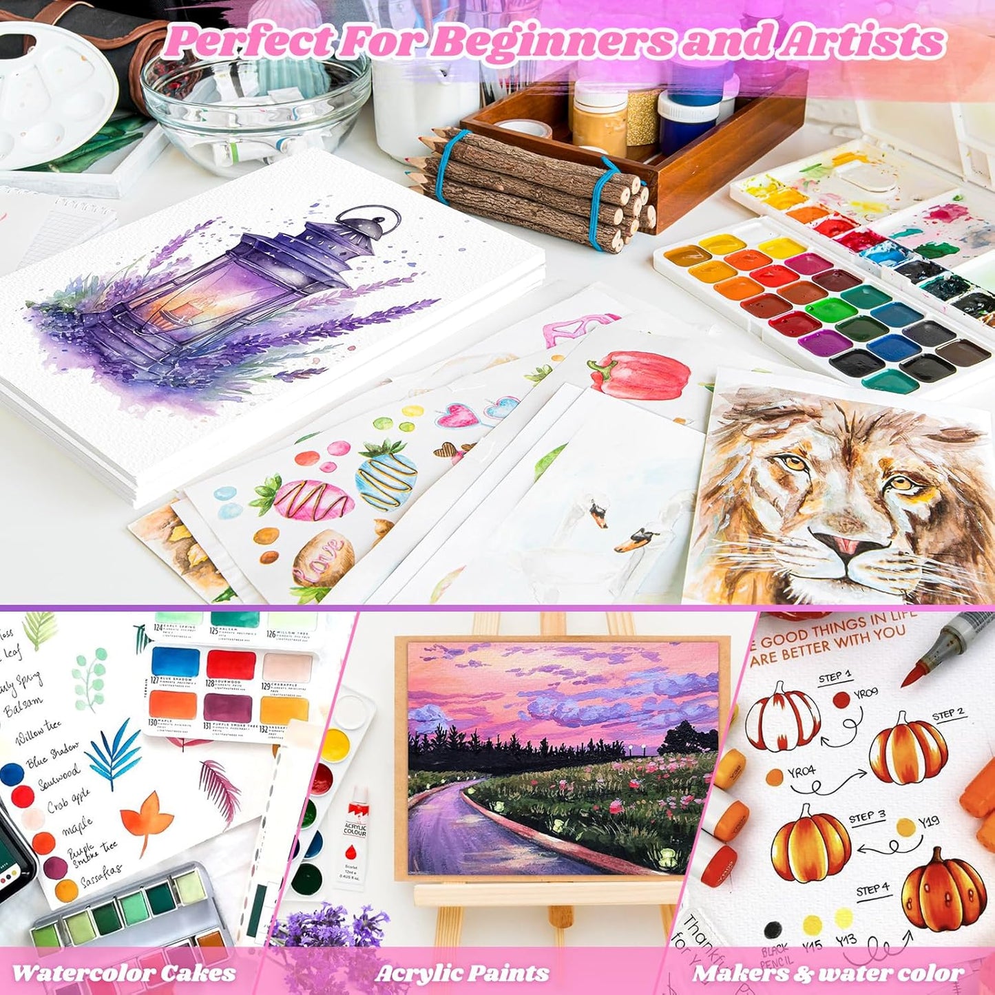 128 Sheets Watercolor Paper, Art Supplies for Kids, 7"x10" Cold Press Water Color Paper, 140lb/300gsm Artist Acrylic Painting Supplies for Adults, Watercolors, Paint Set, Colors, Sketchbook, Journal