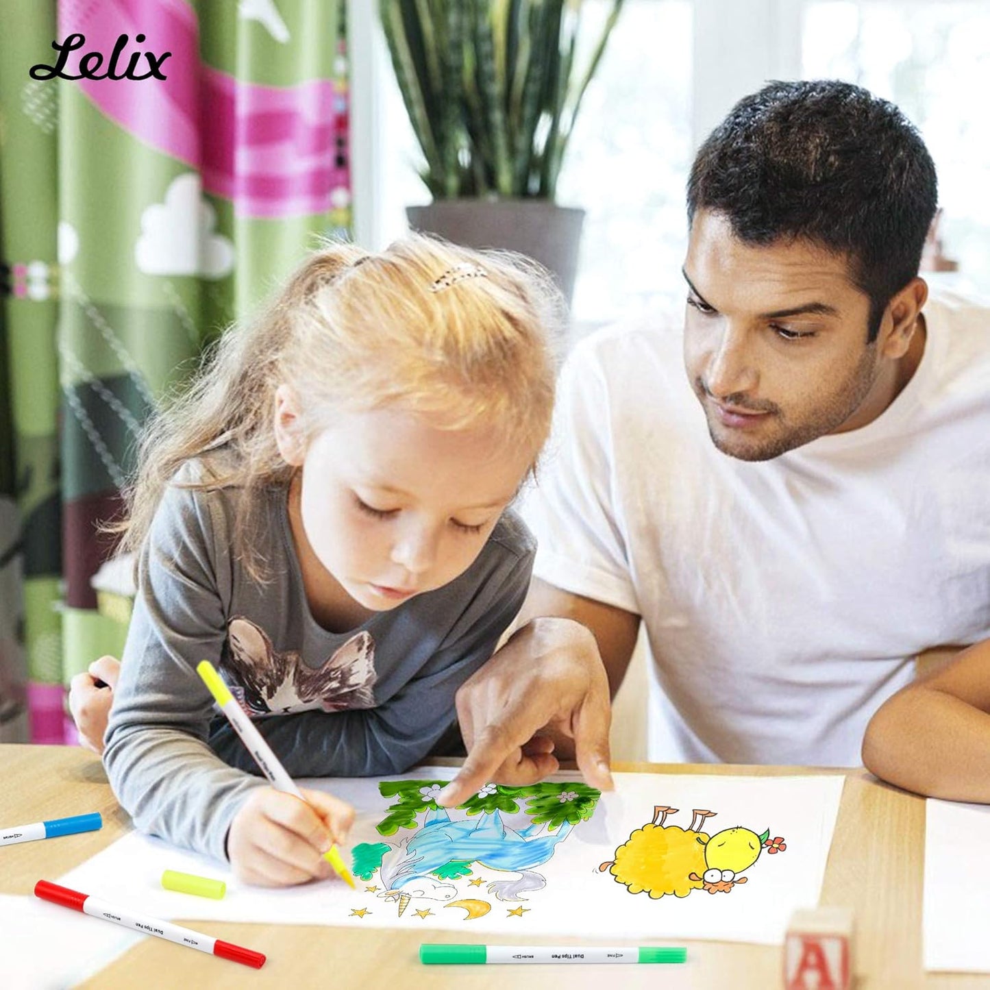 Lelix 120 Colors Dual Tips Brush Pens Art Markers with a Coloring Book, Brush and Fine Point Pens Fineliner for Adults Kids Coloring Books Calligraphy Journaling Lettering Drawing