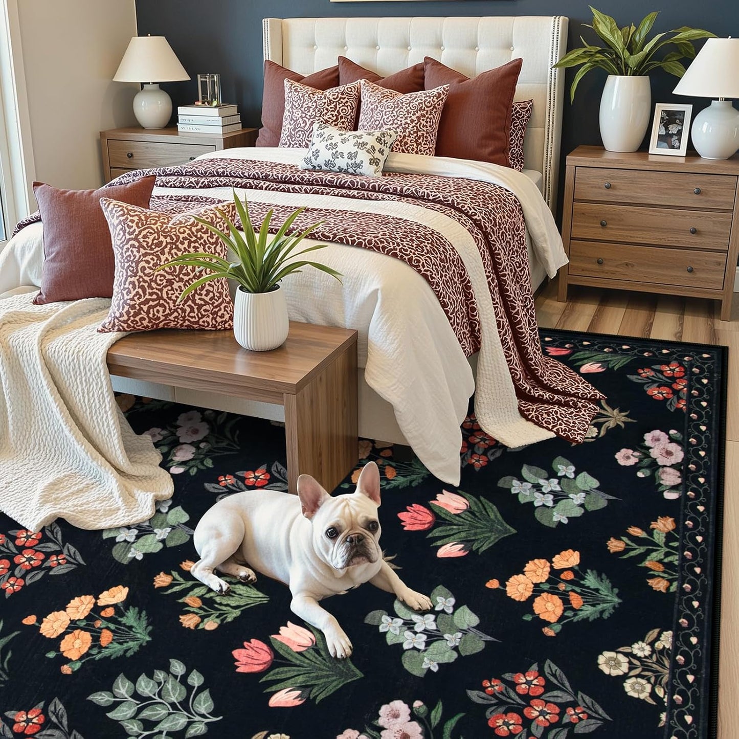 Wonnitar Floral Print Rug for Living Room, Black Washable 5x7 Area Rugs, Ultra-Thin Non Slip Stain Resistant Bedroom Carpet for Dining Room Playroom Office Dorm, Black/Multi