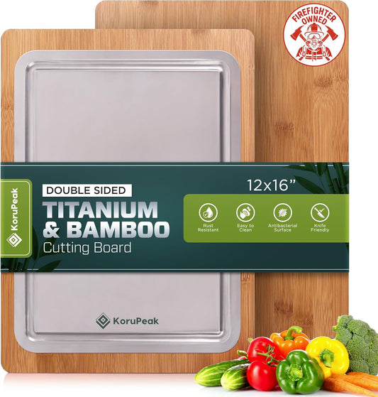 Pure Titanium Cutting Board - Double-Sided Titanium Cutting Board for Kitchen with Bamboo Side - Large 16"x12"