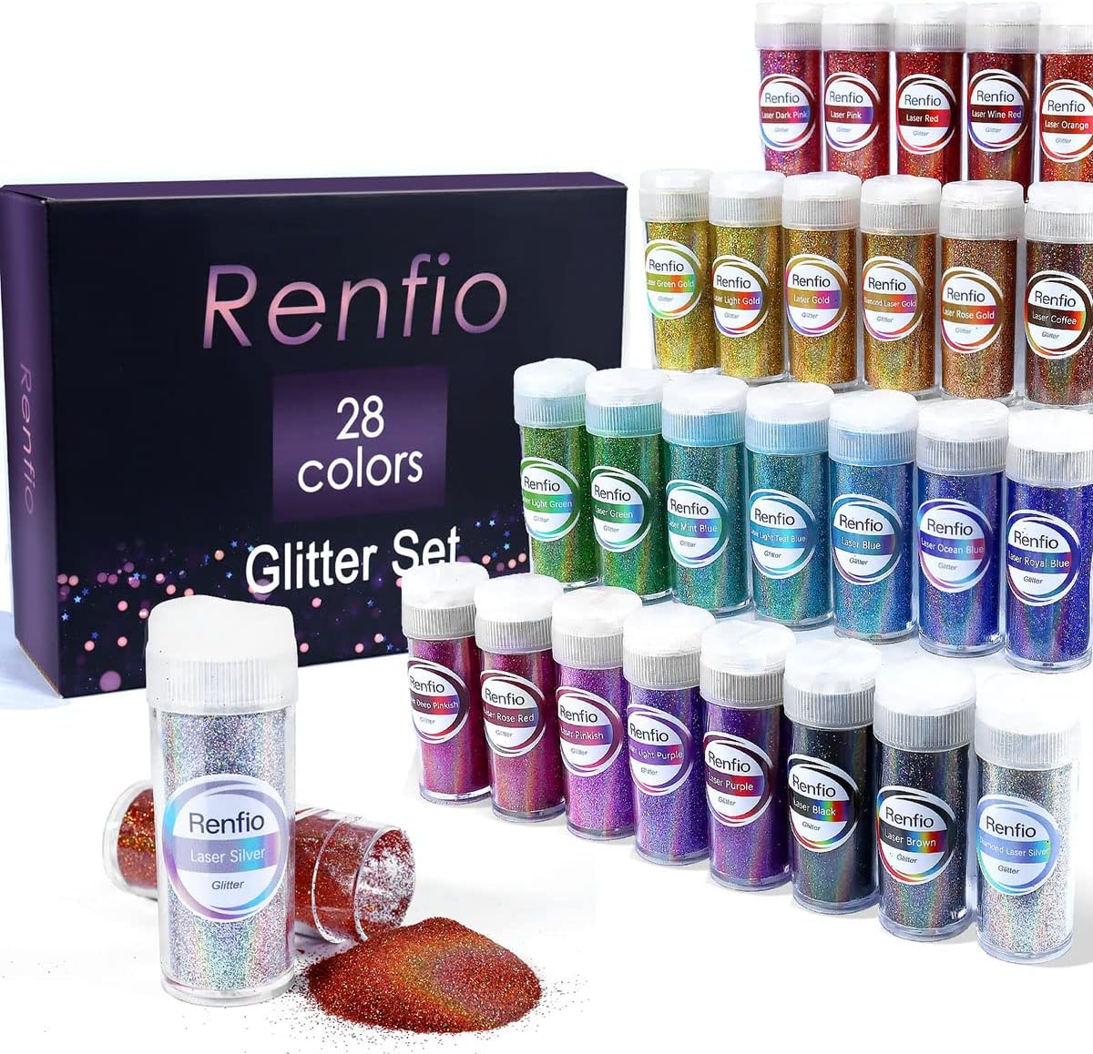 Renfio 28 Colors Holographic Glitter Set, 14.81oz 420g Ultra Fine Glitter Powder PET 1/128" 0.008" 0.2mm Resin Suppies Assorted Craft Glitter for Fake Nails, Resin Art, Tumblers, Slime, Hair, Bomb