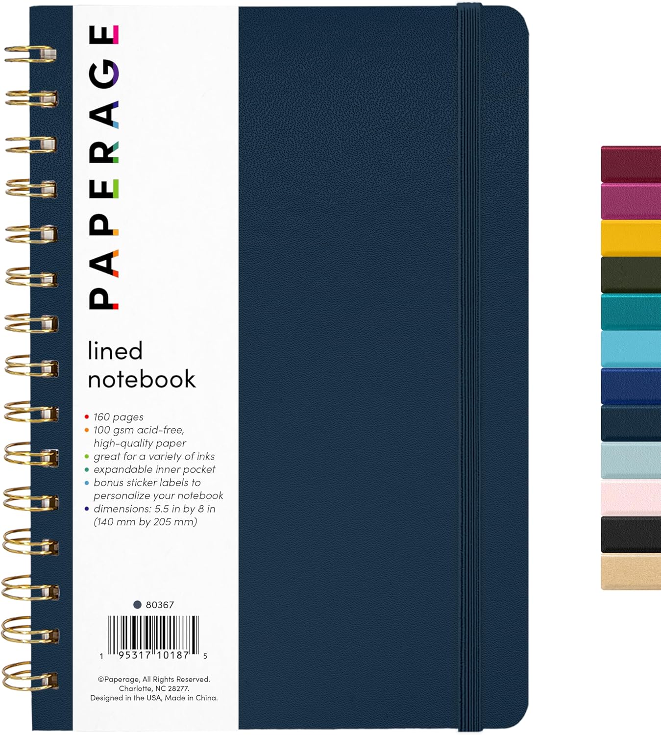 PAPERAGE Lined Spiral Journal Notebook, (Navy), 160 Pages, Hardcover Journal for Women & Men, Medium 5.5 in x 8 in - 100 GSM, Thick Paper, Spiral Notebook for Work, School & Journaling