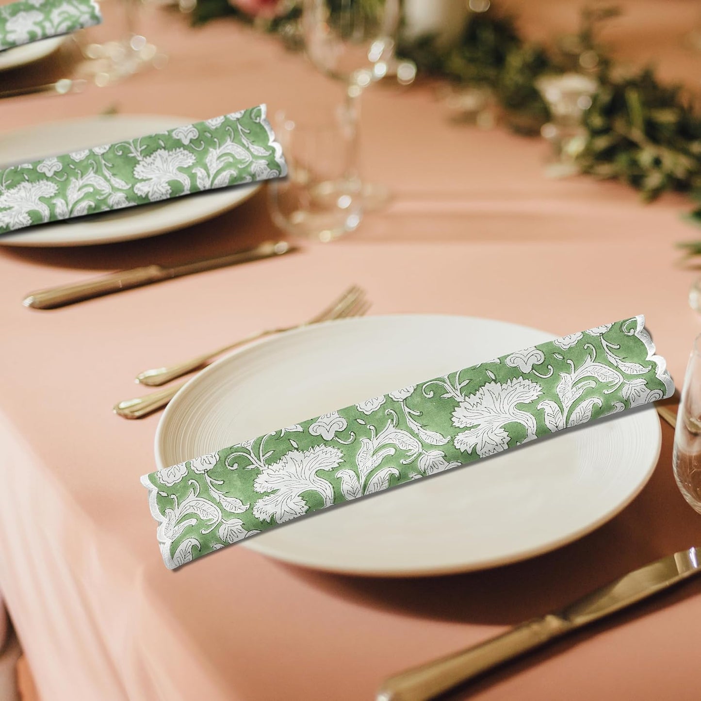 Ridhi Sage Green Hand Block Print Napkins 18" x 18" Set of 4 Reusable Cotton Dinner Napkins for Weddings, Parties & Everyday Dining, Thanksgiving, Christmas, Fall