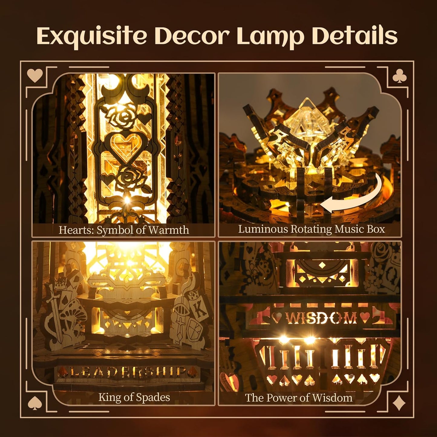 LED 3D Wood Puzzle Poker World Projector Lamp – DIY Craft Kit with LED Lights and Music Box – Creative Poker-Themed Lamp, Nightlight Gift for Home Décor (White Maple)