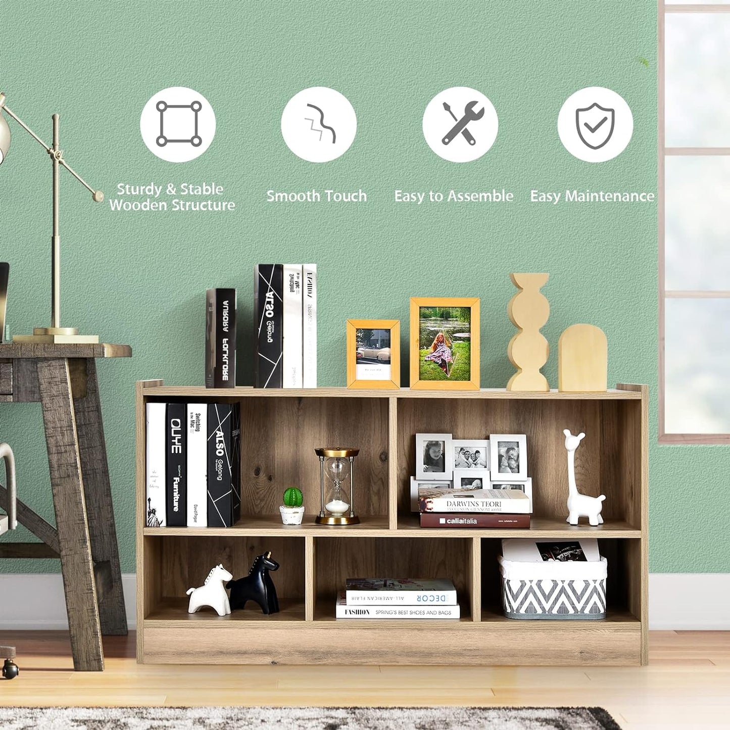 Tangkula 5 Cube Bookcase, 2 Tier Wooden Storage Open Bookshelf, Multipurpose Display Storage Cabinet for Living Room, Bedroom, Hallway, Kid's Playroom, Reading Nook (Natural)