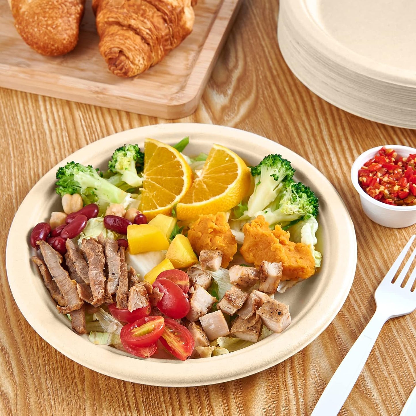 Vplus 500 Pack Paper Plates 9 inch 100% Compostable, Heavy-Duty Disposable Paper Plates Bagasse Natural Biodegradable Eco-Friendly Sugarcane（Nature）