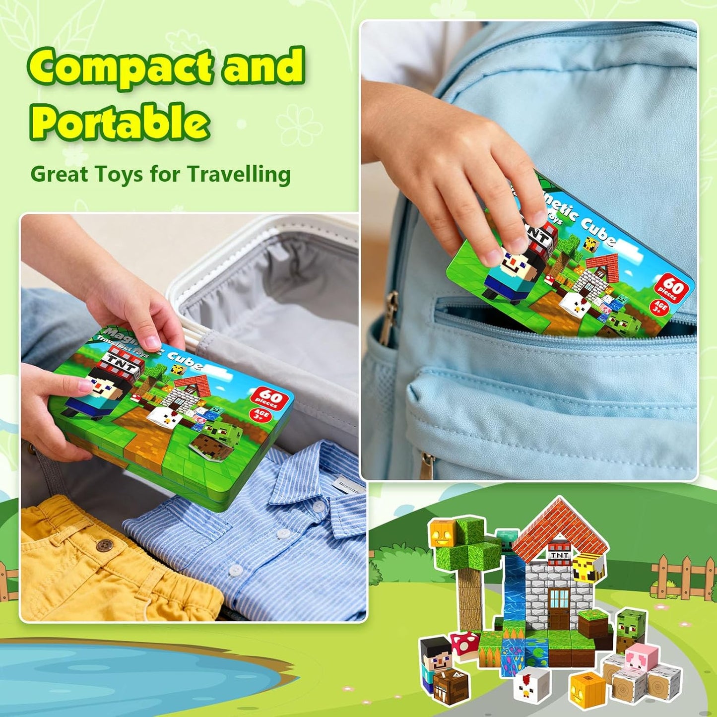 Mini Magnetic Blocks with Iron Box, 60 PCS Travel Magnetic Building Blocks, STEM Educational Building Set Construction Toys for Kids Ages 3+, Building Toys for Toddlers Boys & Girls Birthday Gift