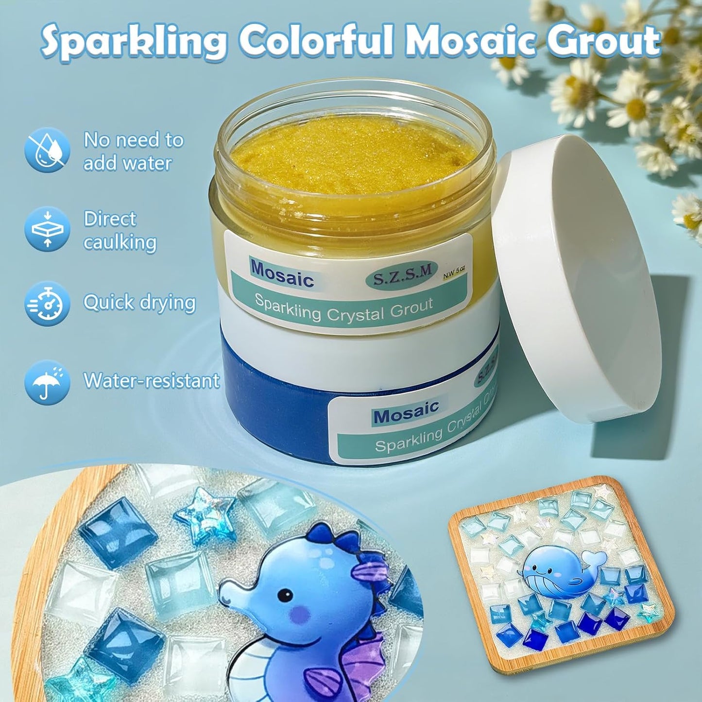 Mosaic Grout for Crafts, Sparkling Colorful Crystal Sealant is Specially Designed for Use in Mosaic Kits for Adult to Decorate Tessellated Coasters, Table Tops, Walls and Vases, Blue, 5 oz
