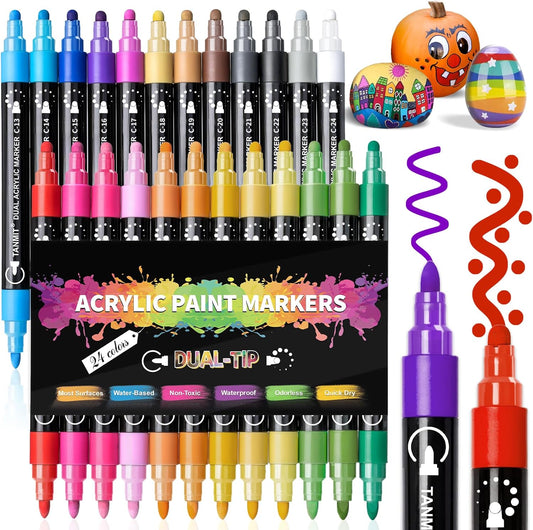 Acrylic Paint Pens Markers, 24 Colors Dual Tip Acrylic Paint Pens for Rock Painting, Wood, Canvas, Stone, Glass, Ceramic Surfaces, DIY Crafts Making Art Supplies (Round Tip and Fine Tip)