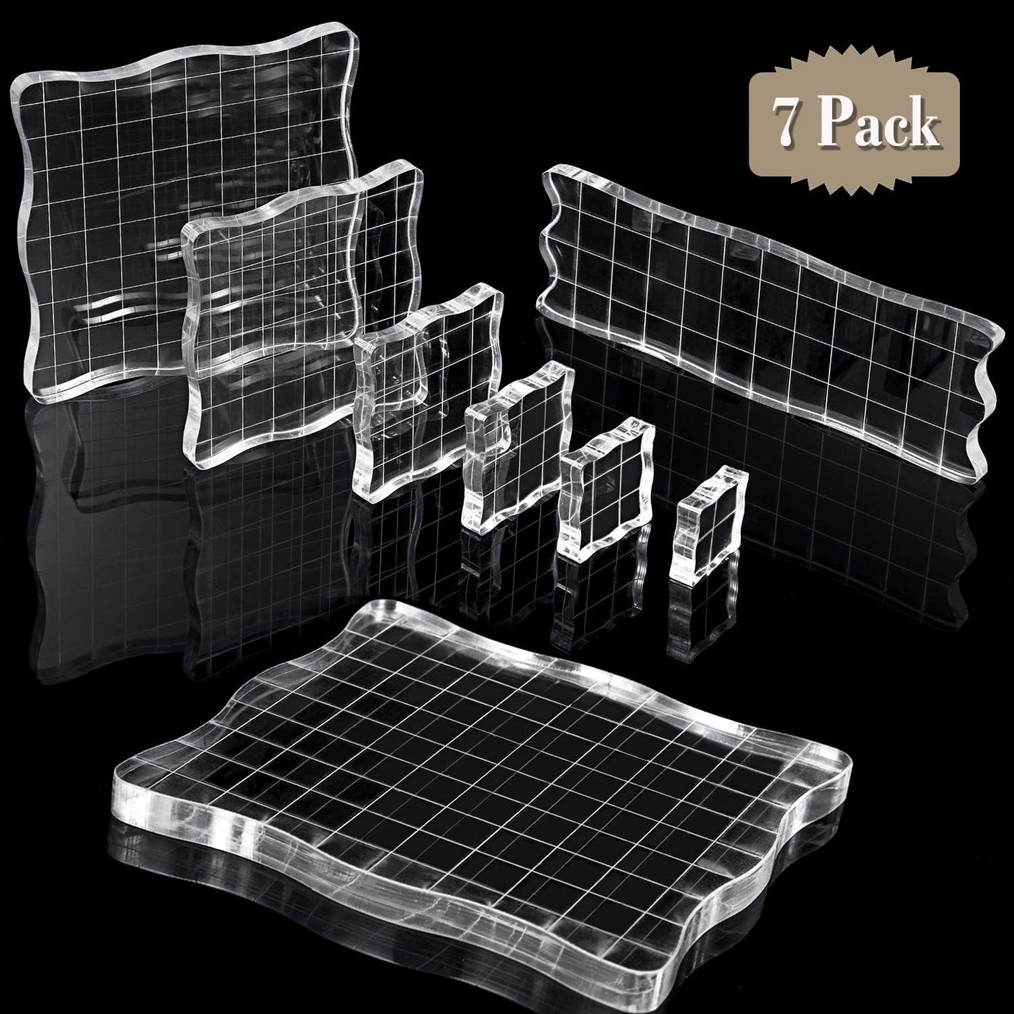 Mudder 7 Pieces Acrylic Stamp Blocks Set Clear Stamping Blocks Tools for Kids with Grid and Grip Scrapbooking Craft Making, Decorative DIY Essential Stamping Tool(Lace Edge)