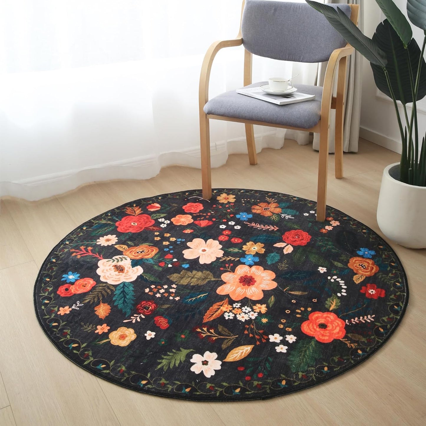 Rugcomf Round Rug 6ft Washable Circle Rug Non Slip Low Pile Boho Floral Small Circular Rug for Bedroom, Bathroom, Entryway, Kids Room, Office, College Dorm(Black)
