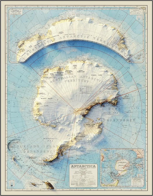 Muir Way Shaded Relief Elevation Map of Antarctica - Vintage-Style Topographic Wall Art with Map Look - Unframed Flat Paper Print, 35x45