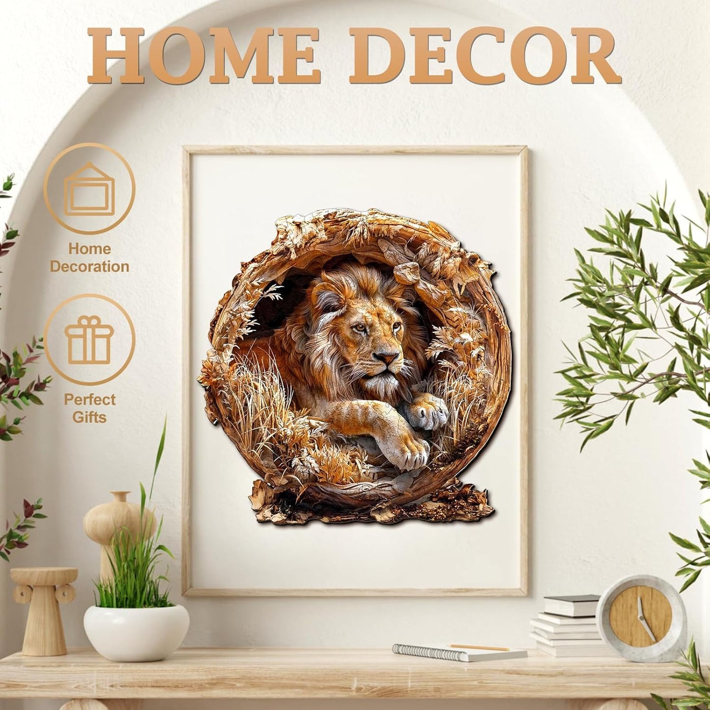 KAAYEE Wooden Puzzles for Adults, 3D Vision Effect Lion King Wooden Jigsaw Puzzles 300 PCS Unique Shape Advanced Wood Puzzle Adult, Fathers Birthday Family Game (L-13.4 * 13.4in)