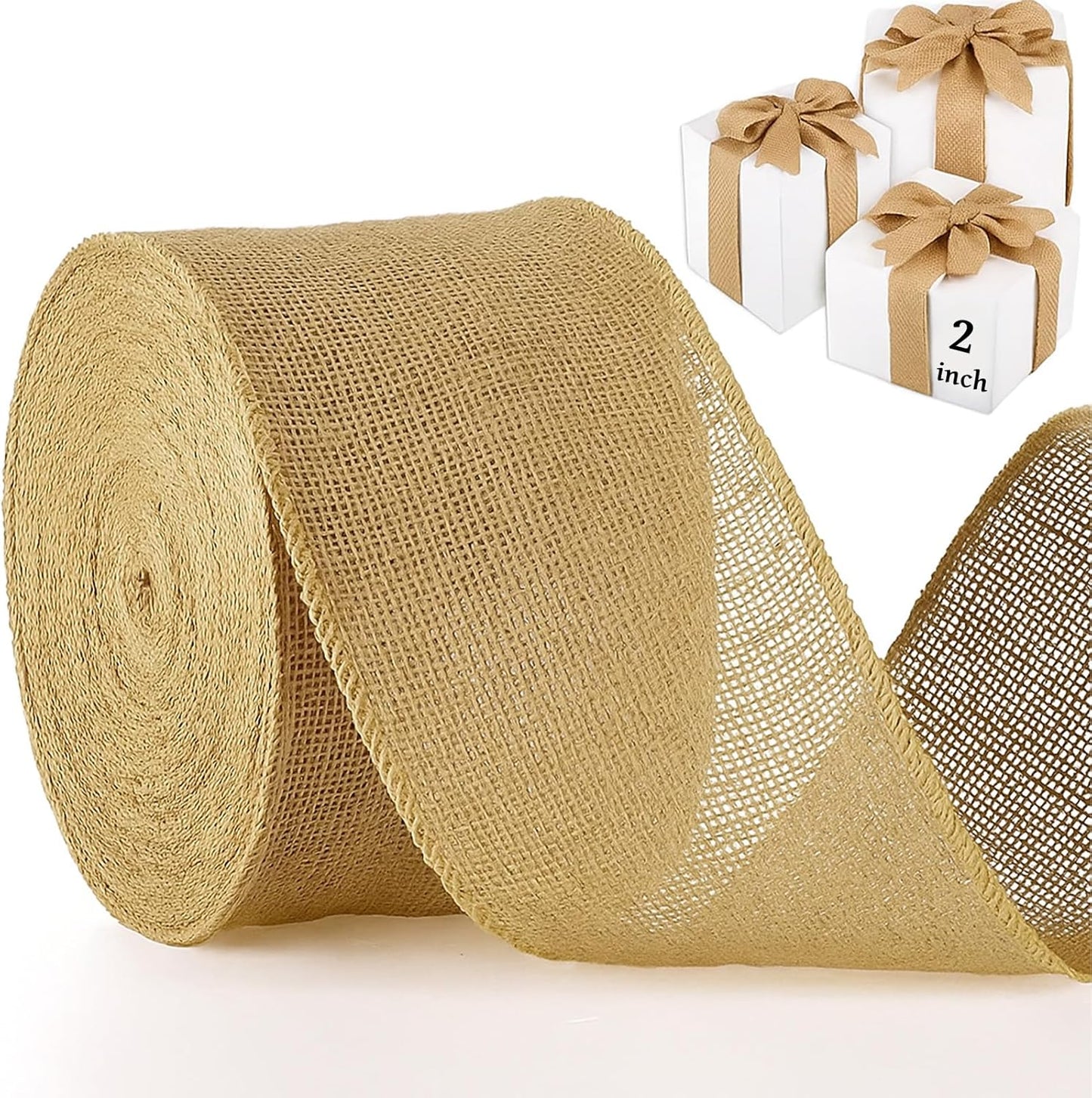 Chuangdi 40 Yard 2 Inches Burlap Ribbon Wide Jute Ribbon Natural Burlap Fabric Roll Wired Edge for Wreaths, Christmas Tree Decoration, Big Bow Crafts, Gift Wrapping, Wedding