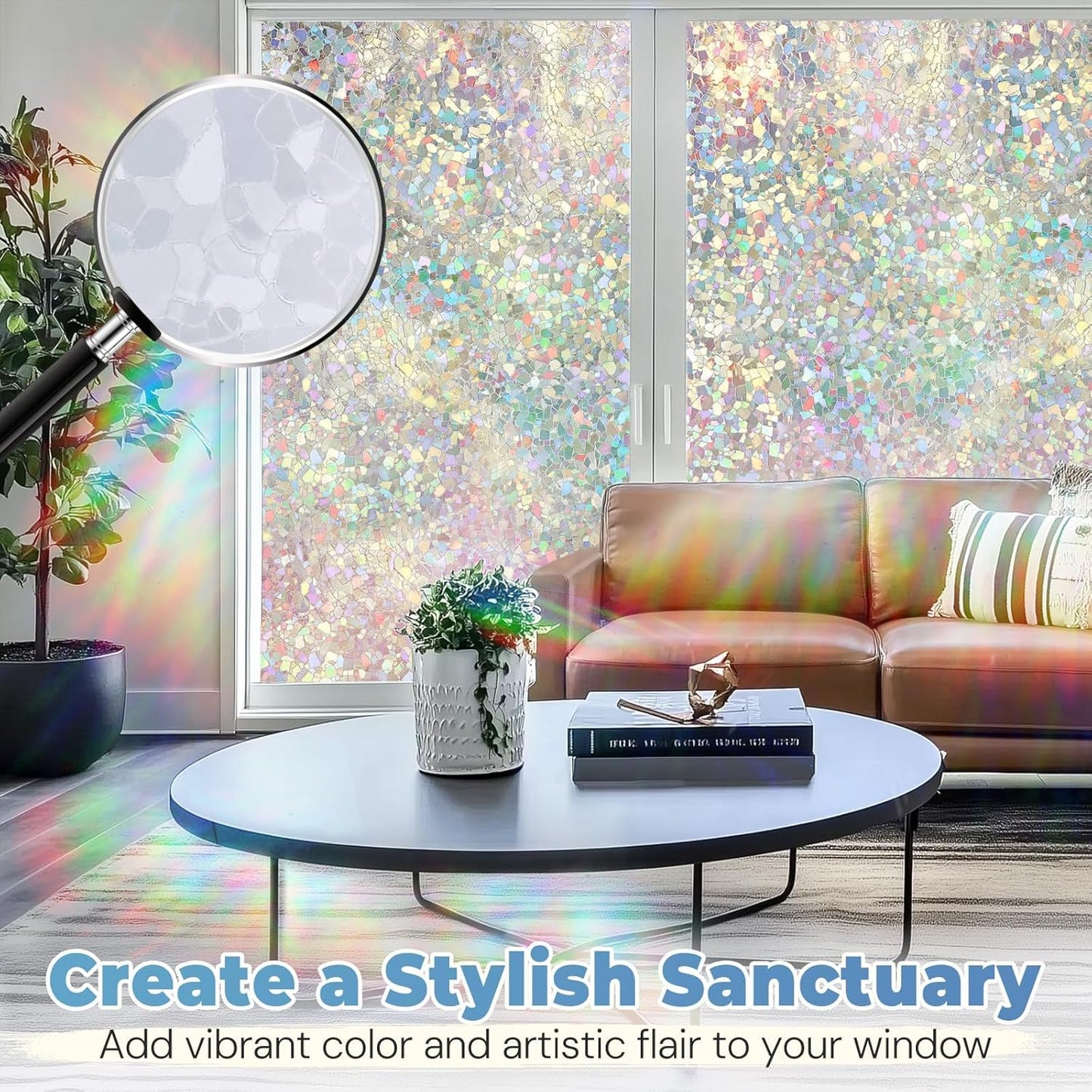 DOWELL Window Privacy Film Rainbow Film, Stained Glass Decorative Sticker, Static Cling Non-Adhesive Glass Clings, Sun Blocking Heat Control Window Coverings for Home Door, 17.5" x 157.4"