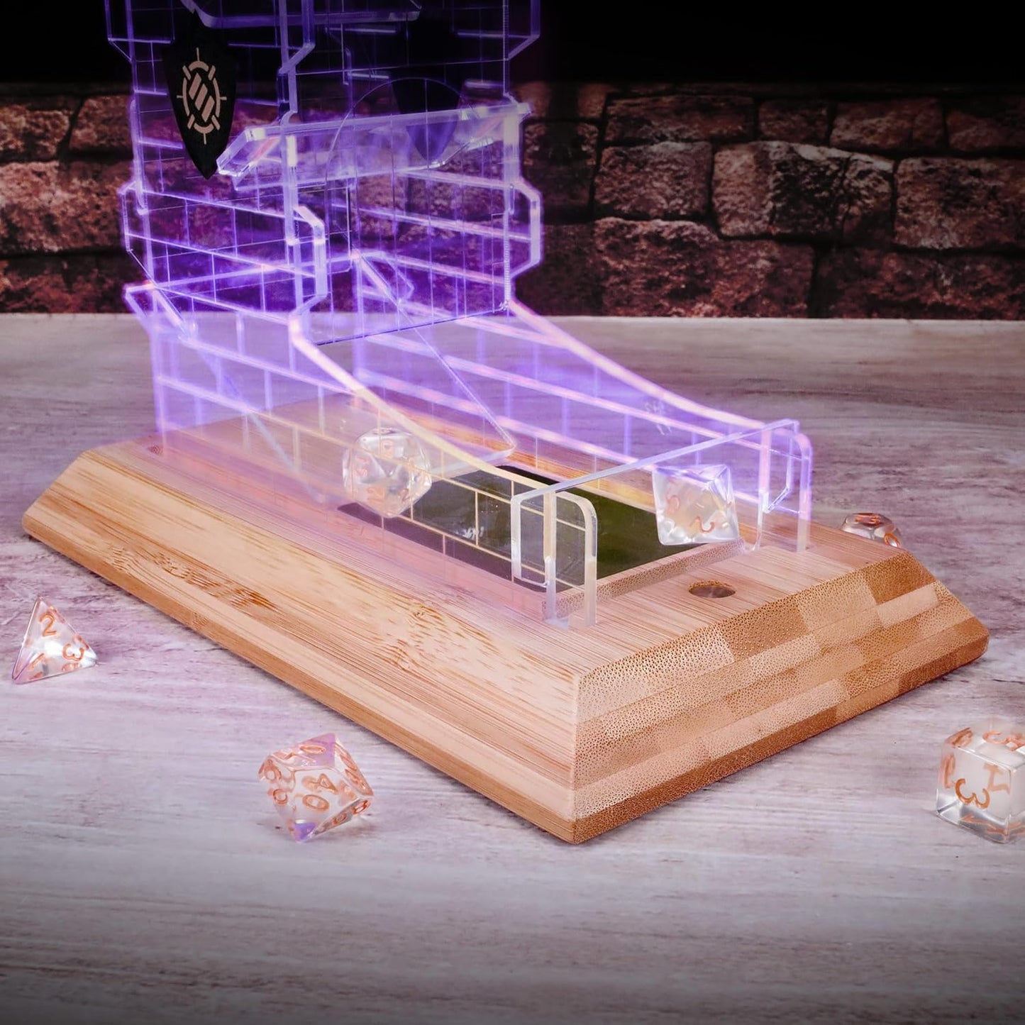 ENHANCE Tabletop LED Dice Tower with 7pc Dice Set for RPG Games - Clear Gaming Set, LED Lit Rolling Tray with Bamboo Base and Castle Tower Design, Roll Up to 14 at Once - Great for Game Night