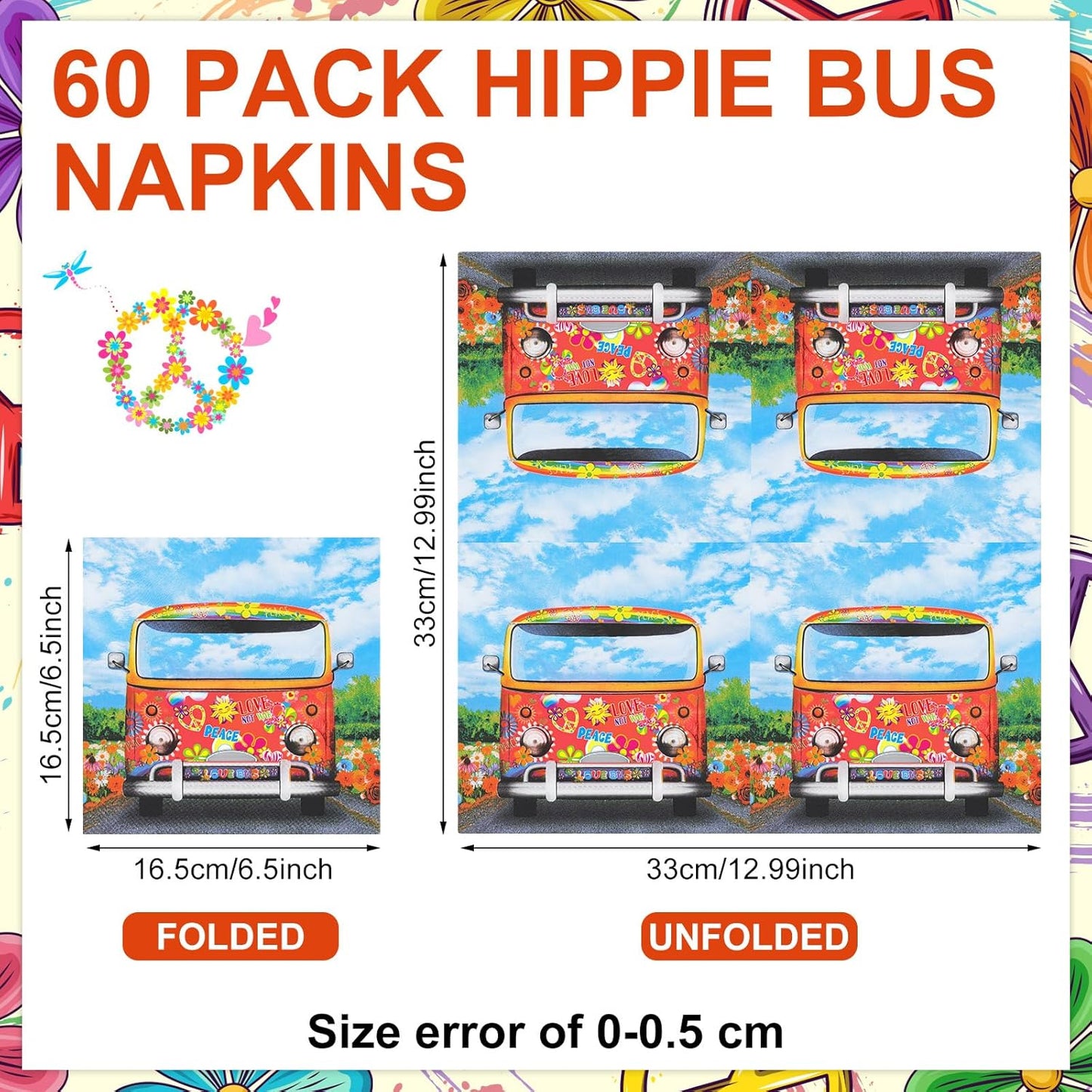 60 Pcs 60's 70's Hippie Party Cocktail Paper Napkins 6.5 x 6.5 Inches Disposable Paper Napkins Dessert Beverage Napkin for Decoupage Luncheon Napkin for Theme Party Wedding Birthday