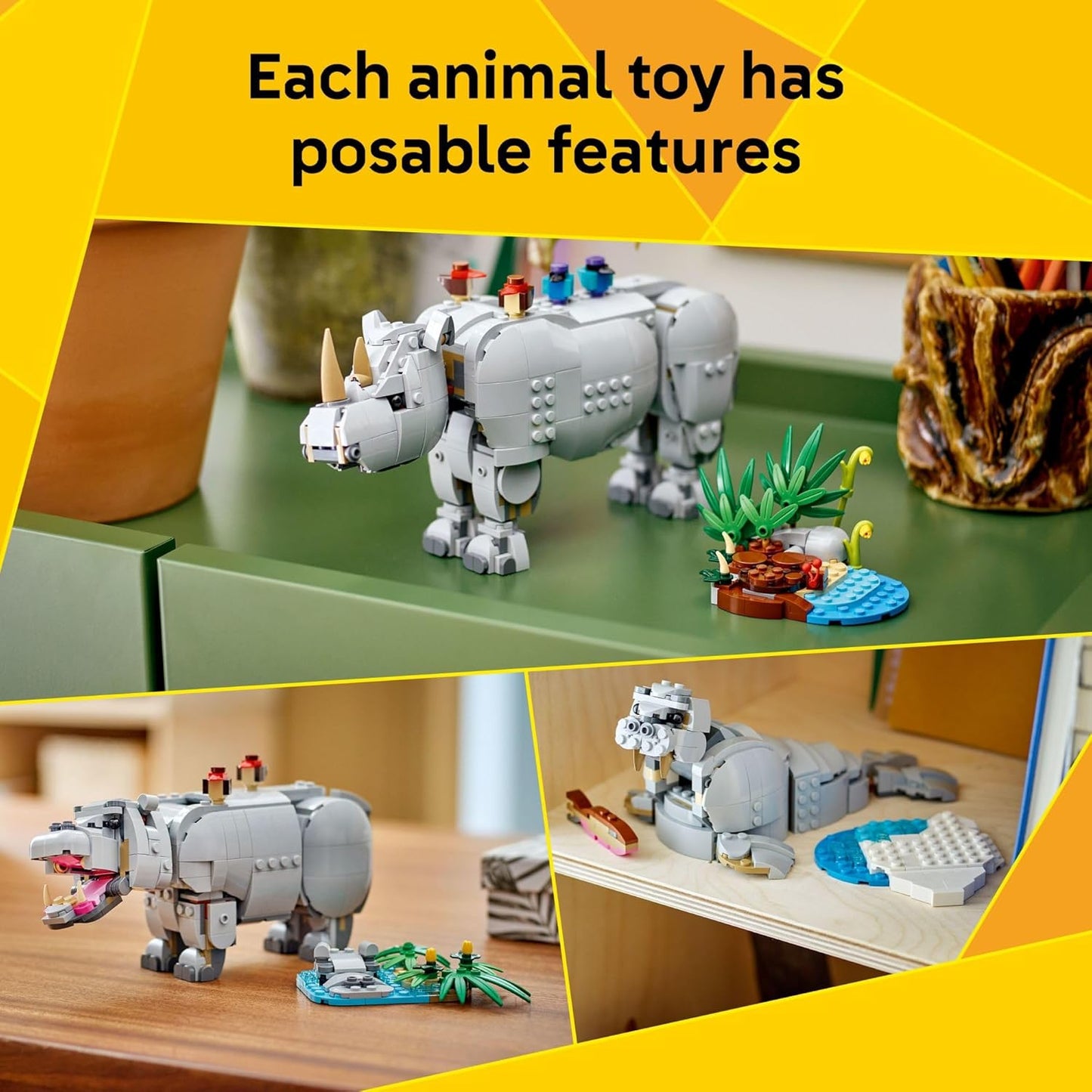 LEGO Creator 3 in 1 Wild Animals: Majestic Rhino with Birds Pretend Play Toy for Kids - Safari Toy Building Set for Girls & Boys, Ages 9+ - Build 3 Animals in 1 Kit - Gift for Birthdays - 31171